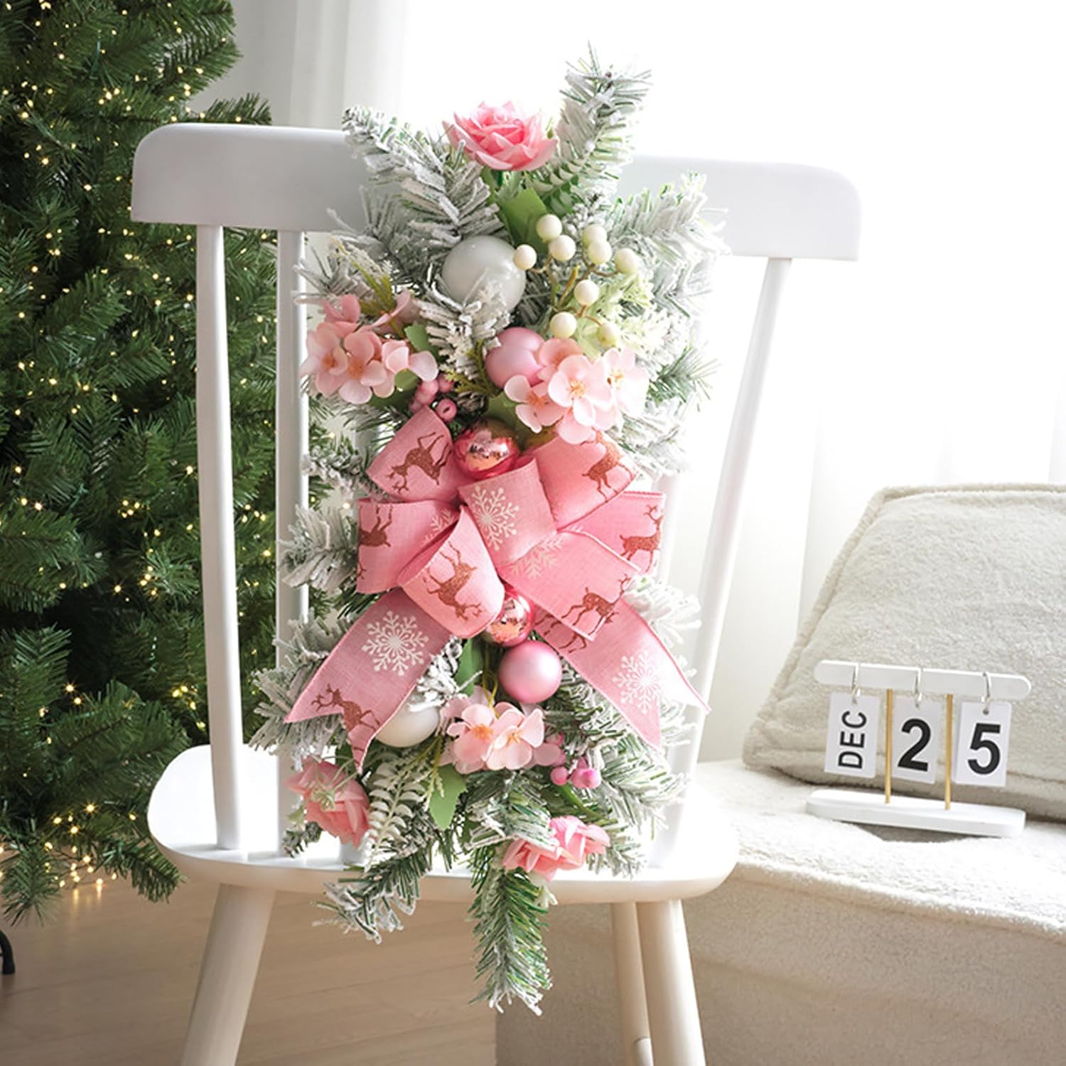 2 Pack Christmas Swags for Stairs 21.65" Xmas Cordless Stairway Swag Artificial Teardrop Trim Wreath Garland Christmas Decorations for Stair Window Wall Home Outdoor (Pink)