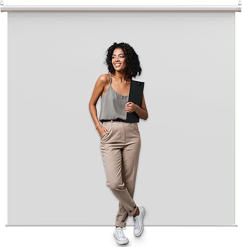 Estilo más amplio pantalla blanca KHOMO GEAR de 84 x 84 pulgadas, telón de fondo desplegable extragrande, pantalla de proyector enrollable plegable
