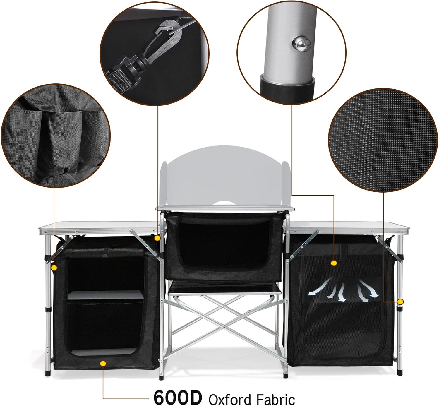 Seeutek Camping Kitchen Table Aluminum Portable Outdoor Cooking Table Foldable Camp Table with Windscreen and 3 Storage Cupboards Multifunctional for BBQ, Party, Picnics and Outdoor Activities Black