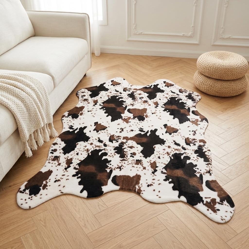 Cow Print Area Rug, Faux Cowhide Rug, Modern Farmhouse Western Living Room Bedroom Carpet Decor, Non-Slip 4'7" x 5'3"（140x160cm）