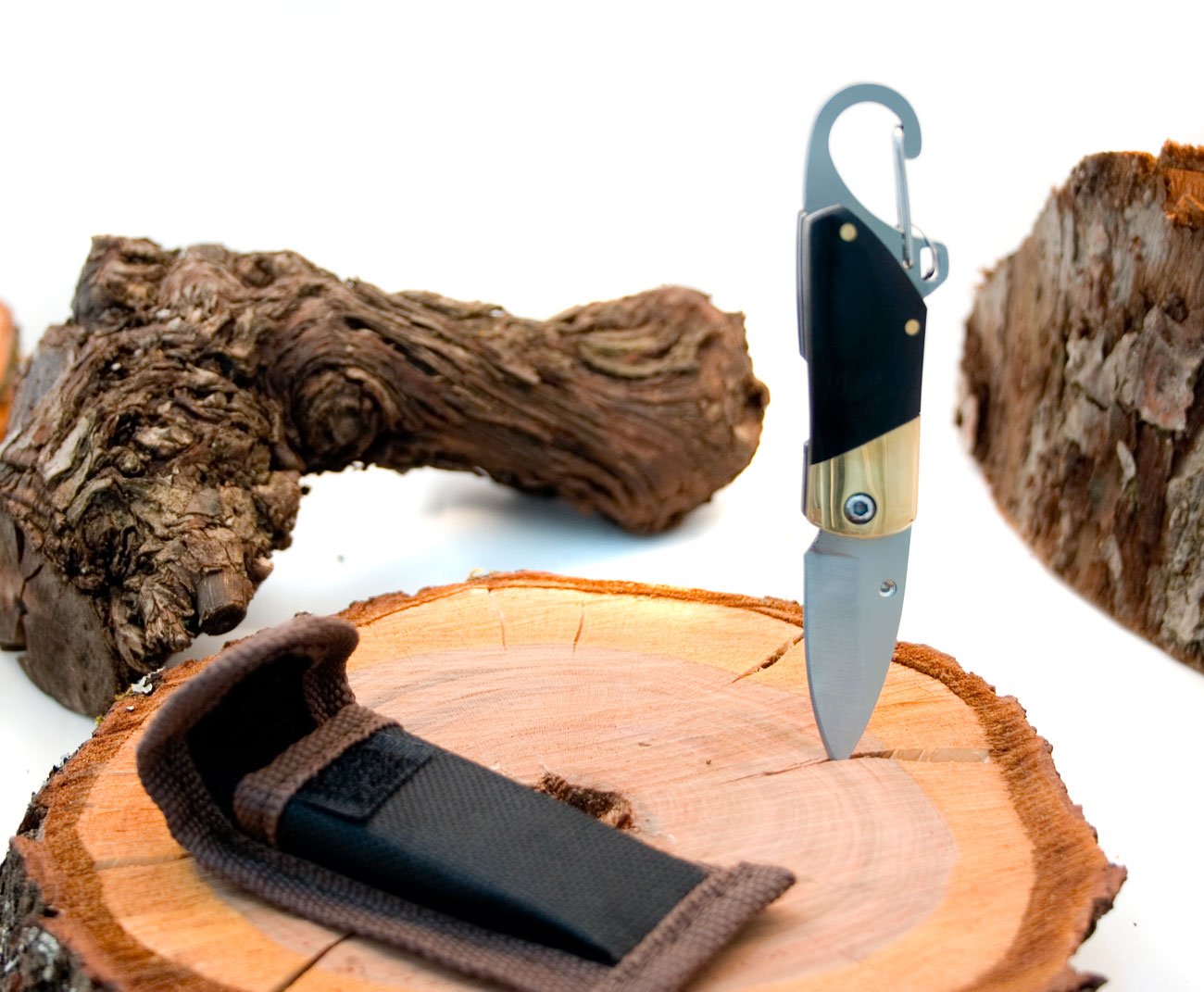 Coltellino pieghevole | con moschettone per agganciarlo al portachiavi | 11 cm, manico in legno, con custodia e passante per la cintura