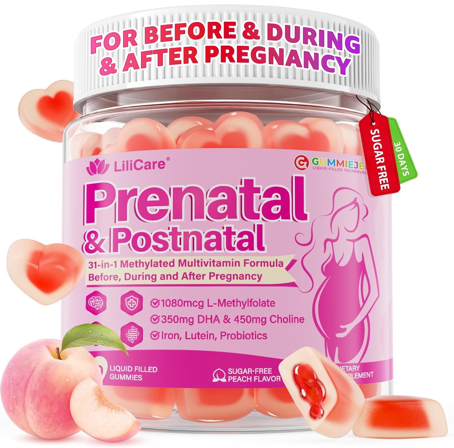 Prenatal Gummies for Women w/ 1080mcg Methylfolate Iron Vegan DHA Choline 60 Count (Pack of 1)