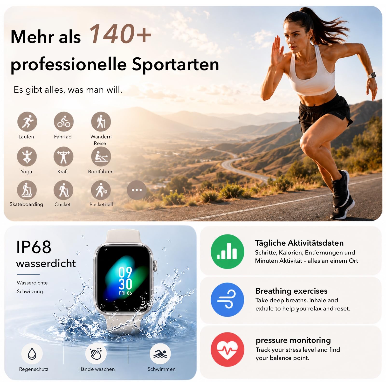 Smartwatch Damen Herren 1,85" HD Touch Fitnessuhr Telefonfunktion 140+ Sportmodi Pulsmesser Schlafmonitor Schrittzähler IP68 Wasserdicht Starlight