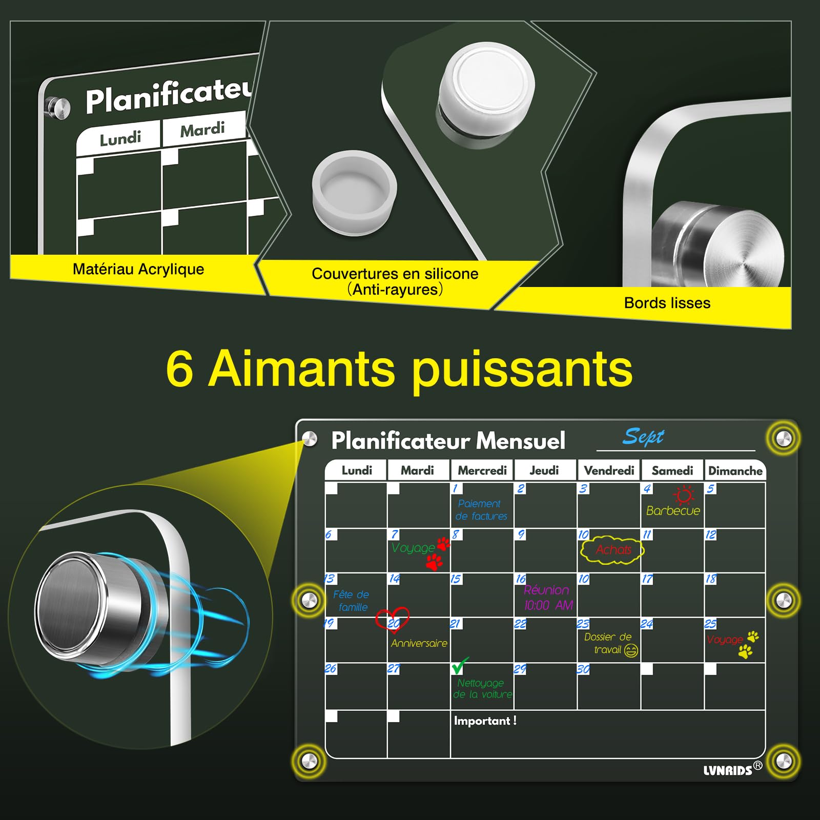 2 Pack Calendrier Frigo Transparent Magnetique en Français, 42 x 30 cm Acrylique Calendrier Magnetique Planner Frigo et Planning Semaine Magnétique Tableau Transparent