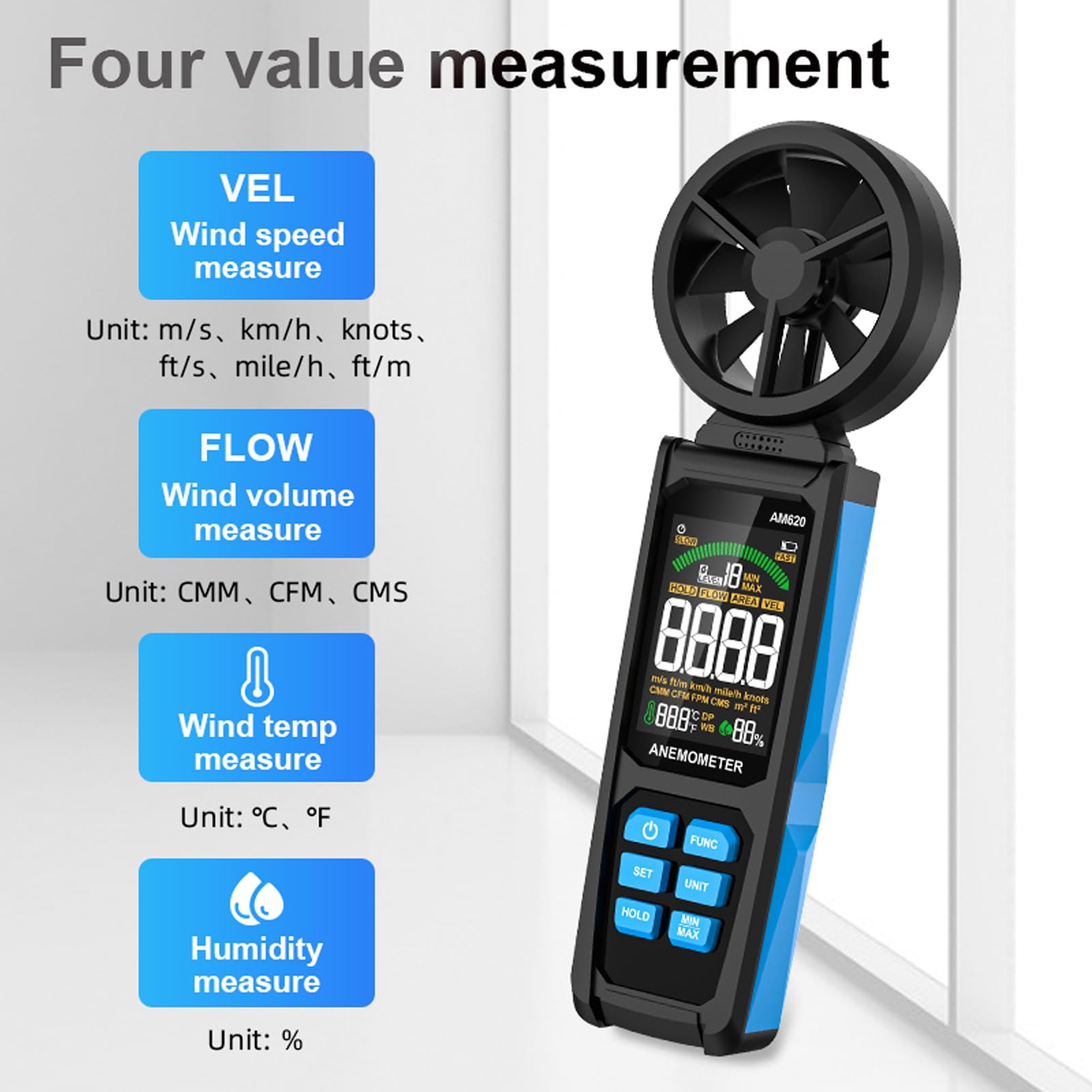 Anemometro Digitale Misuratore Portatile della velocità del Misurazione Accurata dell'umidità della Temperatura per Meteorologia e Uso Industriale ABS Ergonomico 252 X 84 X 33 Mm