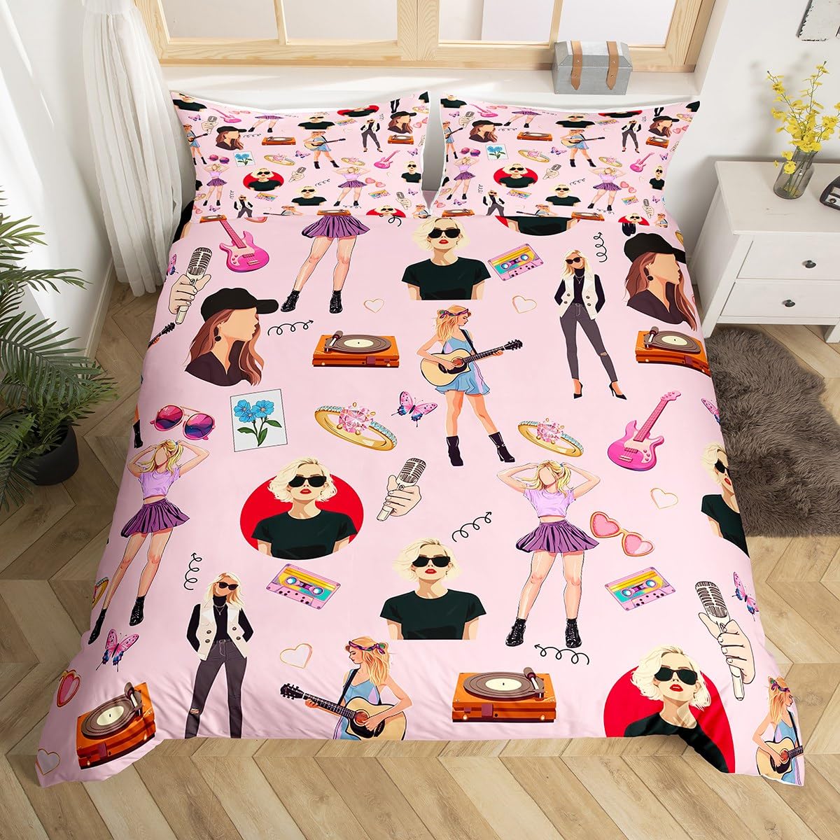 richhome Music Bedding Set King Size Girls Singer Comforter Cover Gifts for Women Music Lovers Girly Guitar Duvet Cover Coworker Sister Friends Bedspread Pink Room Decor