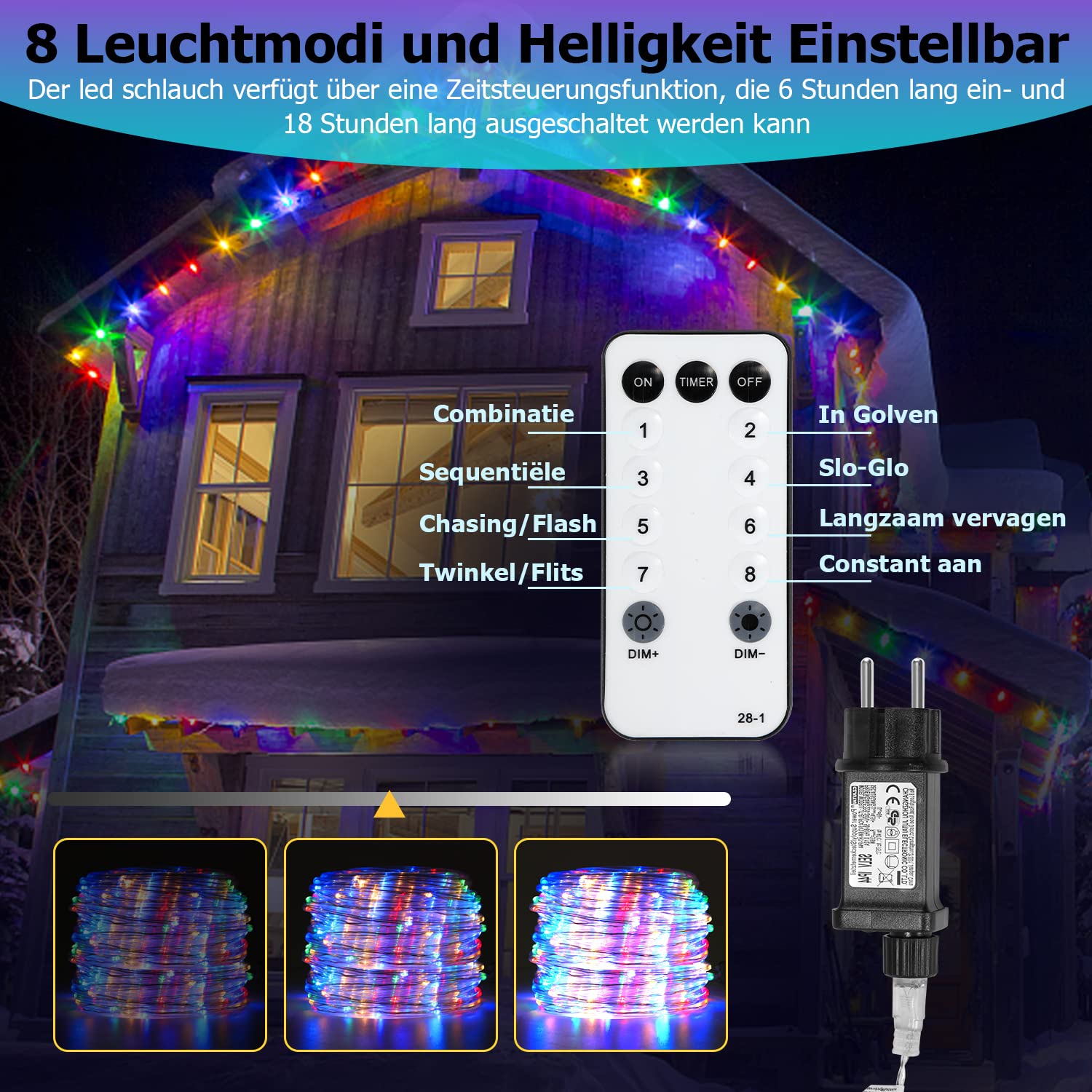 Jopassy Tubo luminoso esterno 30 m 300 LED, tubo luminoso esterno interno 8 modalità, tubo luminoso per Natale, feste, tubo luminoso con telecomando, impermeabile, per esterni