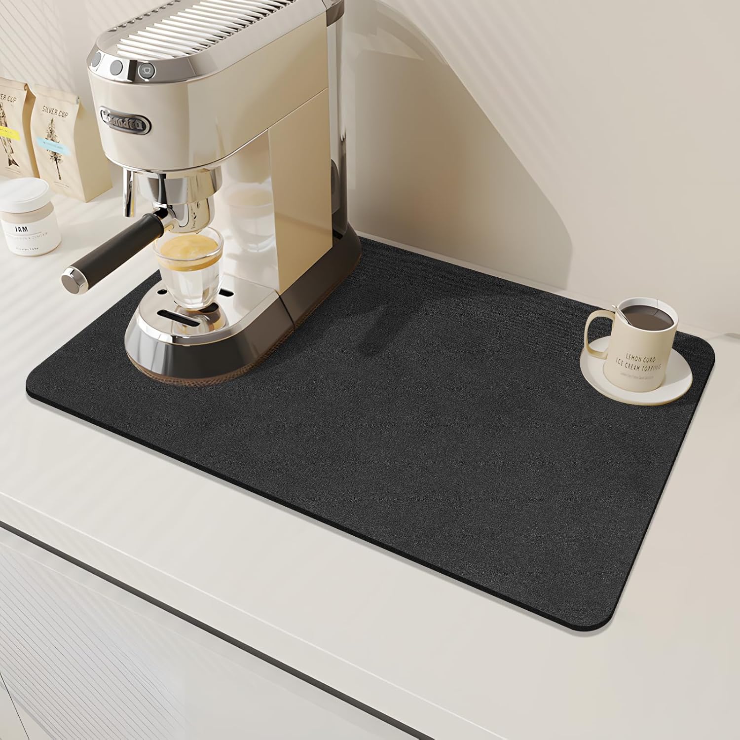 Findosom Dish Drying Mat, 17"x 32" Super Absorbent & Hide Stain Coffee Mat, Cuttable Drying Mat for Kitchen Counter, Coffee Bar Accessories, Under Dish Rack, Coffee Maker, Espresso Machine, Black-2