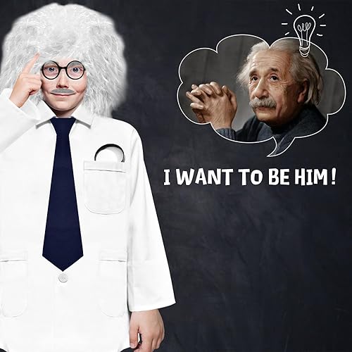 Miniatura 6 de Kids Mad Scientist Costume 9 Pcs Set With Wig 100th Day of School Old Man Albert Einstein Costume for 5-14 Years