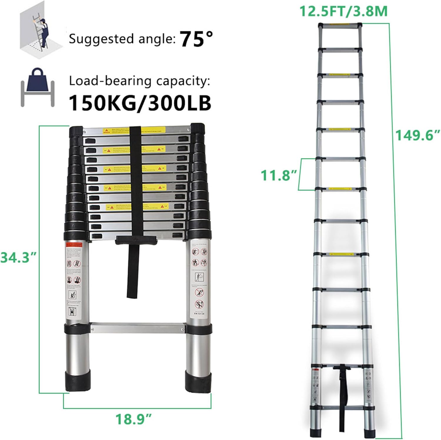 Folding Telescoping Ladder 12.5FT Aluminum Extendable Ladder One Button Retraction Multi-Use 330 Lb Capacity