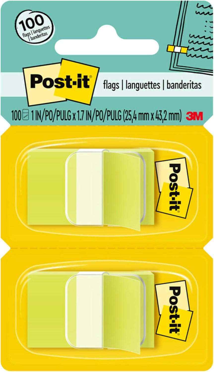 Post-it Flags, 50/Dispenser, 2 Dispensers/Pack, 1 in Wide, Bright Green (680-BG2)