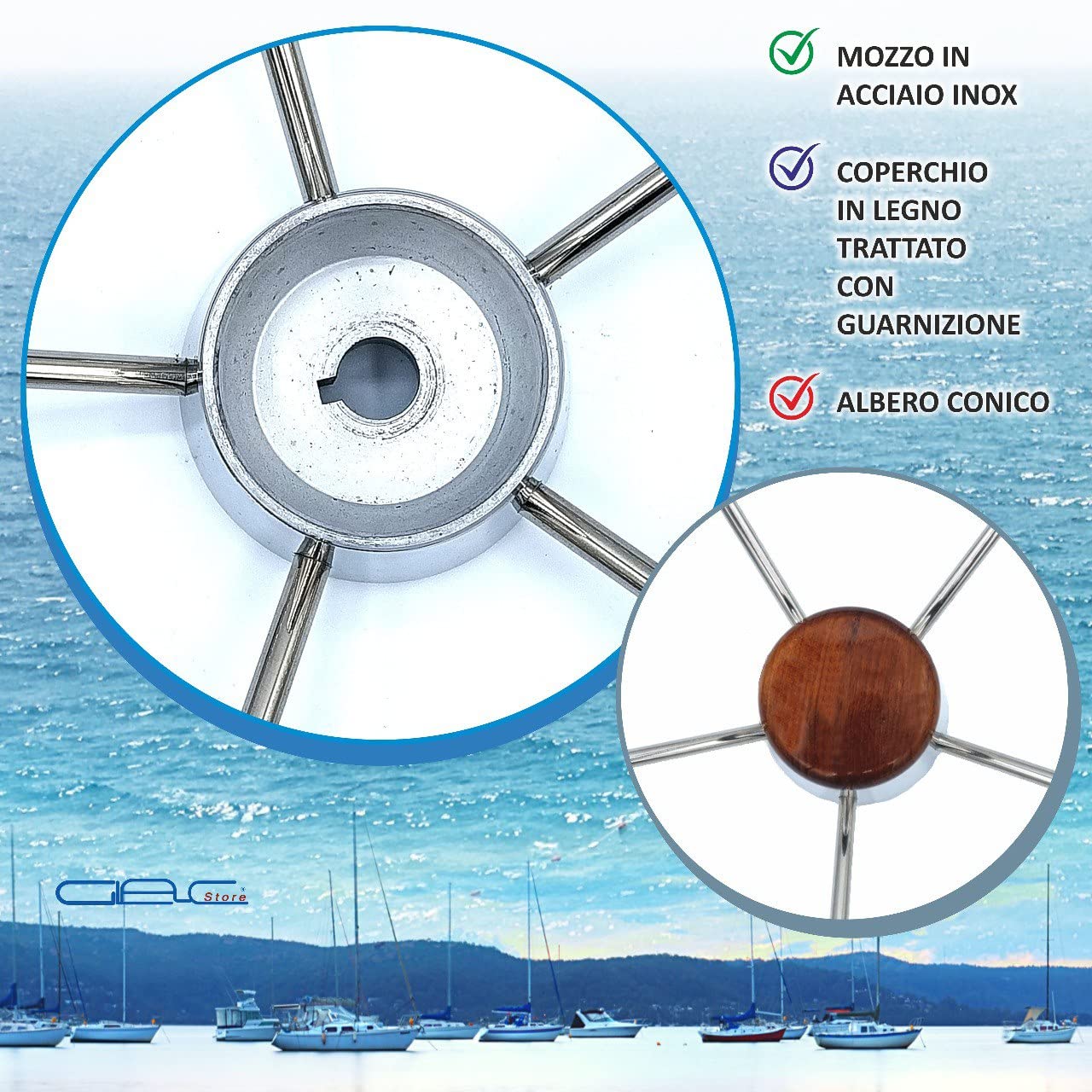 Volante Timone Nautico per Barca a 5 razze Inclinate Mozzo in Acciaio Inox Lucidato Diametro 32, 35, 40, 45 cm coperchio in Legno (Diametro 35 Cm)