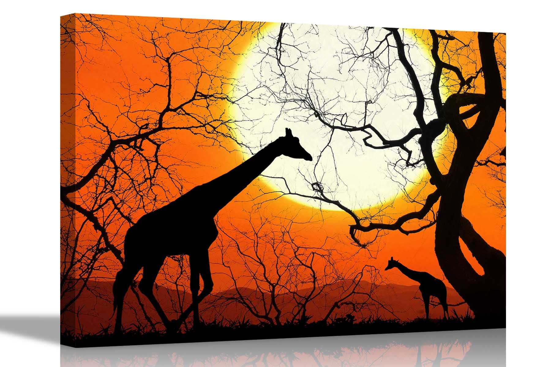 Artley Prints Yellow Giraffes Trees And Sun Canvas Pictures Framed Prints Wall Art Home Office Work Posters Artwork Animal Images 76 X 50Cm (30 X 20 Inches)