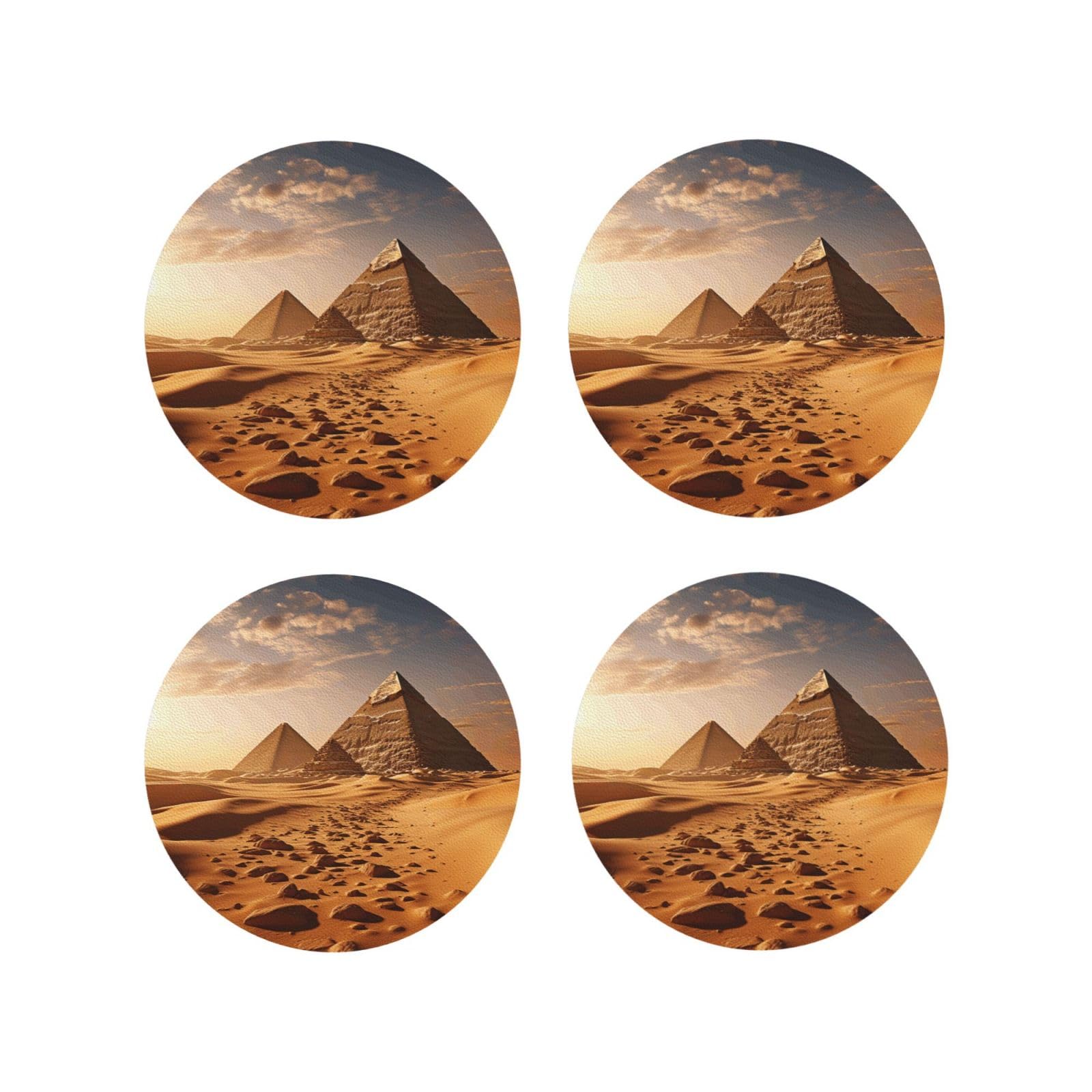 4Pcs PU Leather Coaster for Drinks, Pyramid Africa Desert Cup Coastersr 4" Cup Mat Pad, Aesthetic Drink Coasters for Coffee Table, Round Shape Coaster for Tabletop Protection