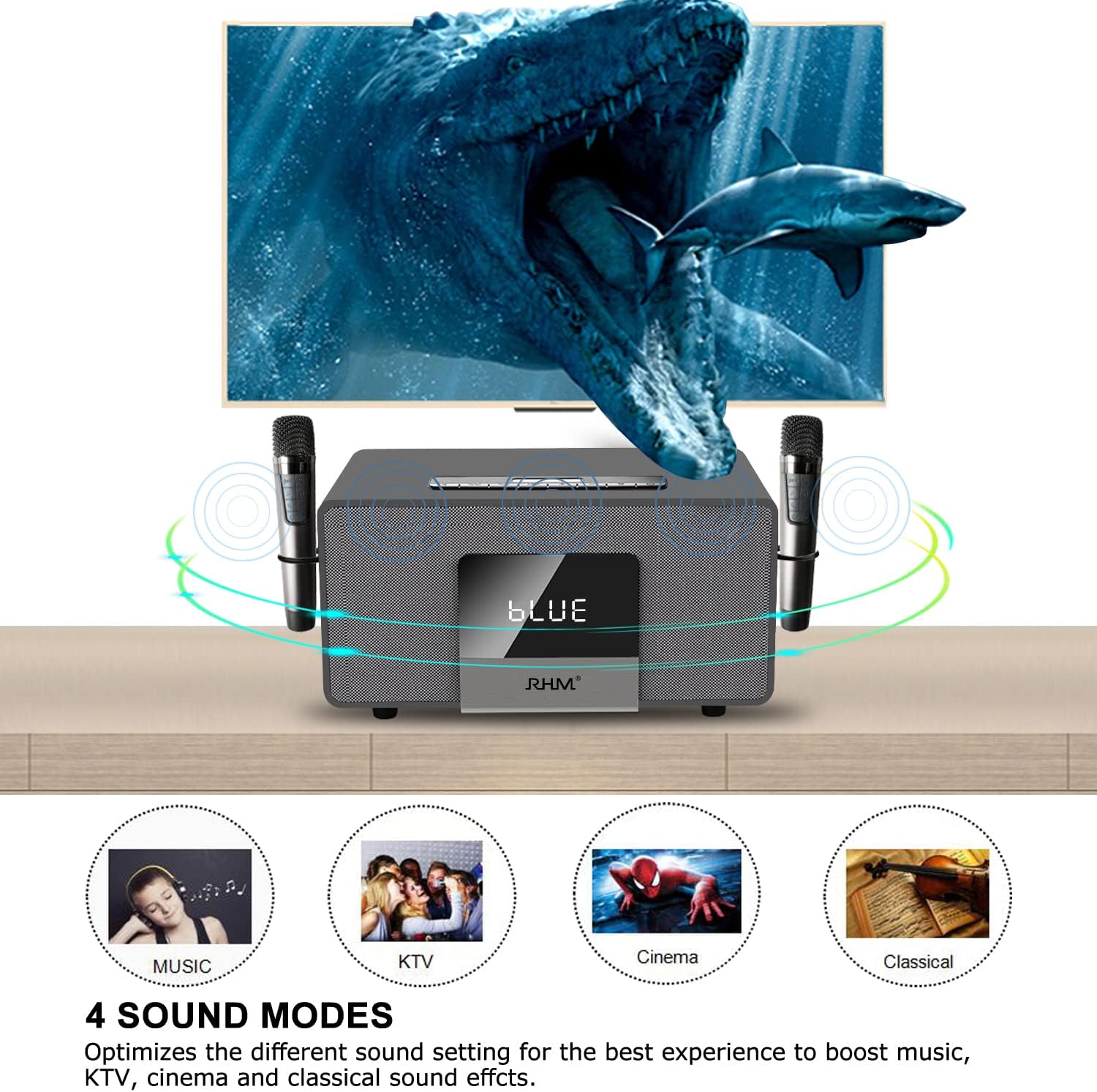 RHM Karaoke Machine, with 2 UHF Wireless Microphones, Bluetooth Singing PA Speaker System, Home Karaoke System Singing Machine for TV, Home,Meeting,Karaoke, Singing Party