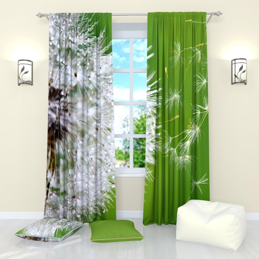Factory4me Floral Curtains Dandelion in Dew. Window Curtain Set of 2 Panels Each W52 x L96 Total W104 x L96 inches Drapes for Living Room Bedroom Kitchen