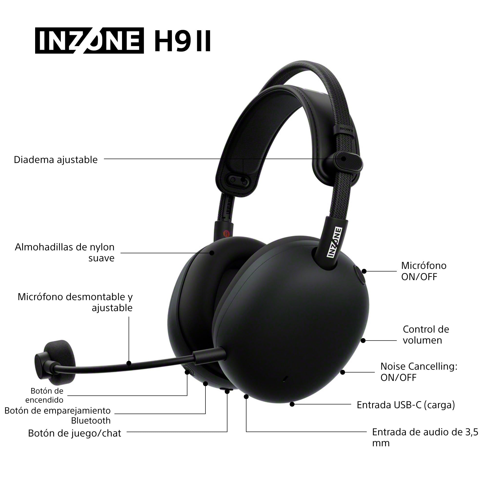 Sony INZONE H9 II: Auriculares Gaming inalámbricos con Noise Cancelling, Ligeros, Micrófono Cardioide Extraible con IA, 2,4 GHz y Bluetooth, Estuche Blando, para PC, PS5, Switch y Móviles, Negro