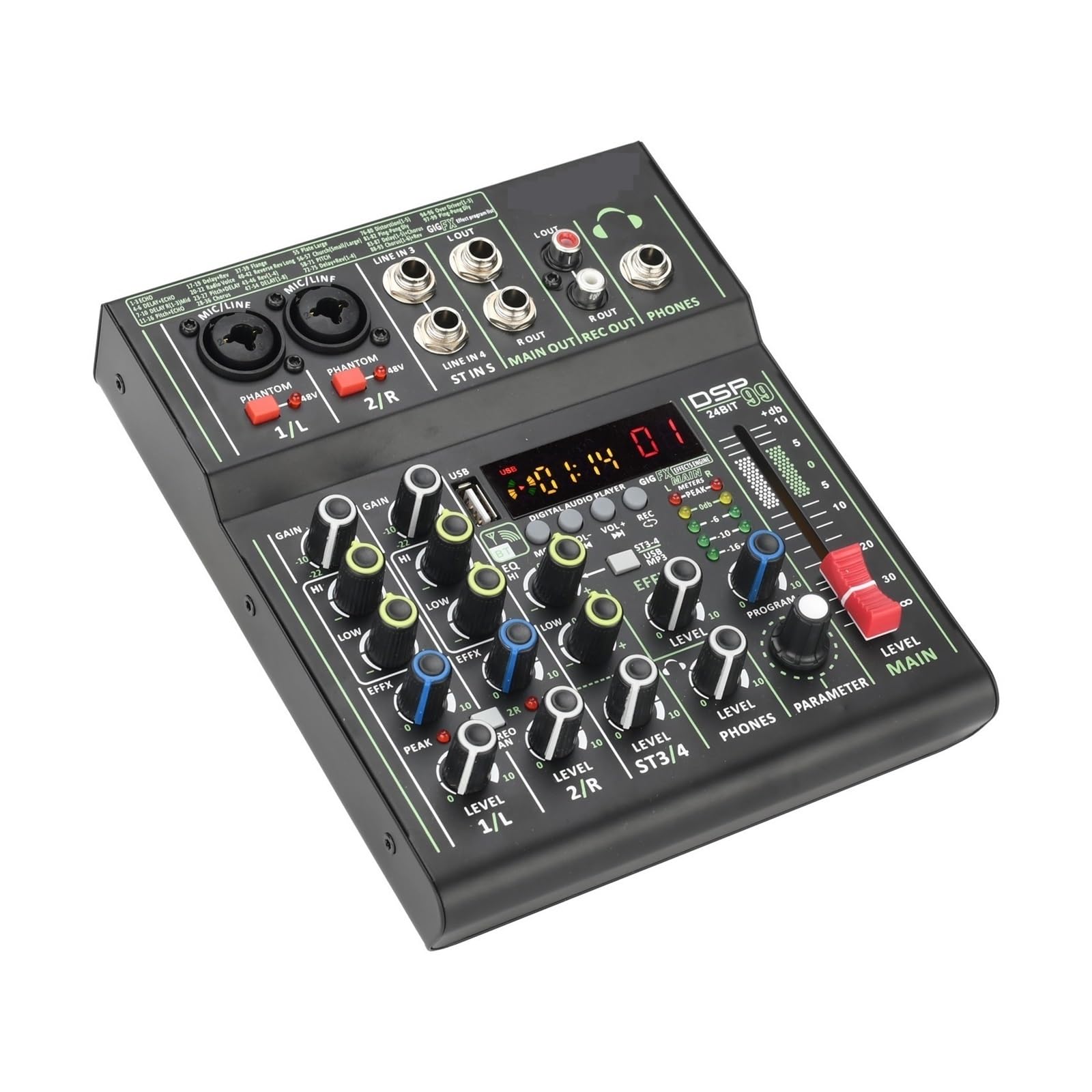 Mikser audio, Mini przenośny mikser audio z 99 efektami DSP, 4 kanałami, USB, odtwarzanie i nagrywanie, indywidualne miksowanie dźwięku zasilaniem Phantom +48 V do karaoke w studiu