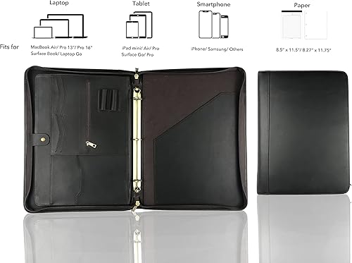 Miniatura 10 de Portafolio de cuero genuino personalizado para hombres, cartera de cuero con cremallera para mujer, carpeta de cuero grabado, 3 anillos, se adapta a