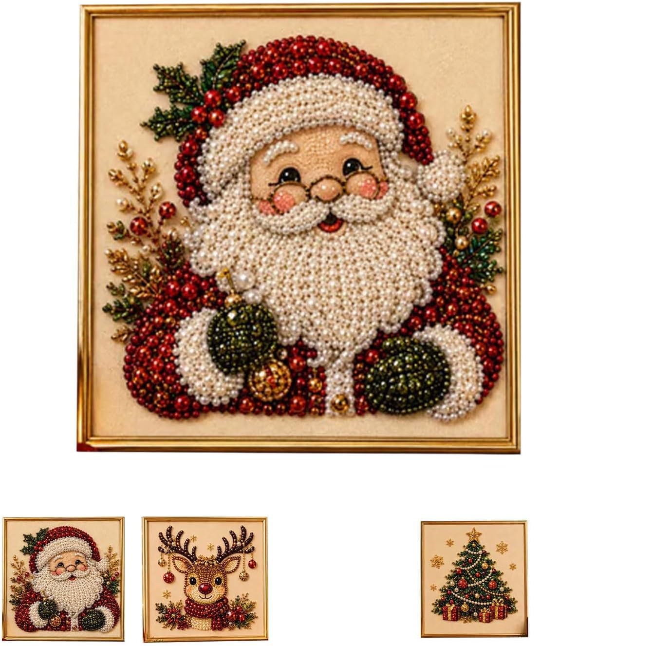 Bicotand DIY Christmas Pearl Diamond Painting Art Kit with Frame, Christmas Pearl Beads Art Craft for Beginners & Adults, Gemstone Diamond Beads Dots Painting for Home Wall Decor