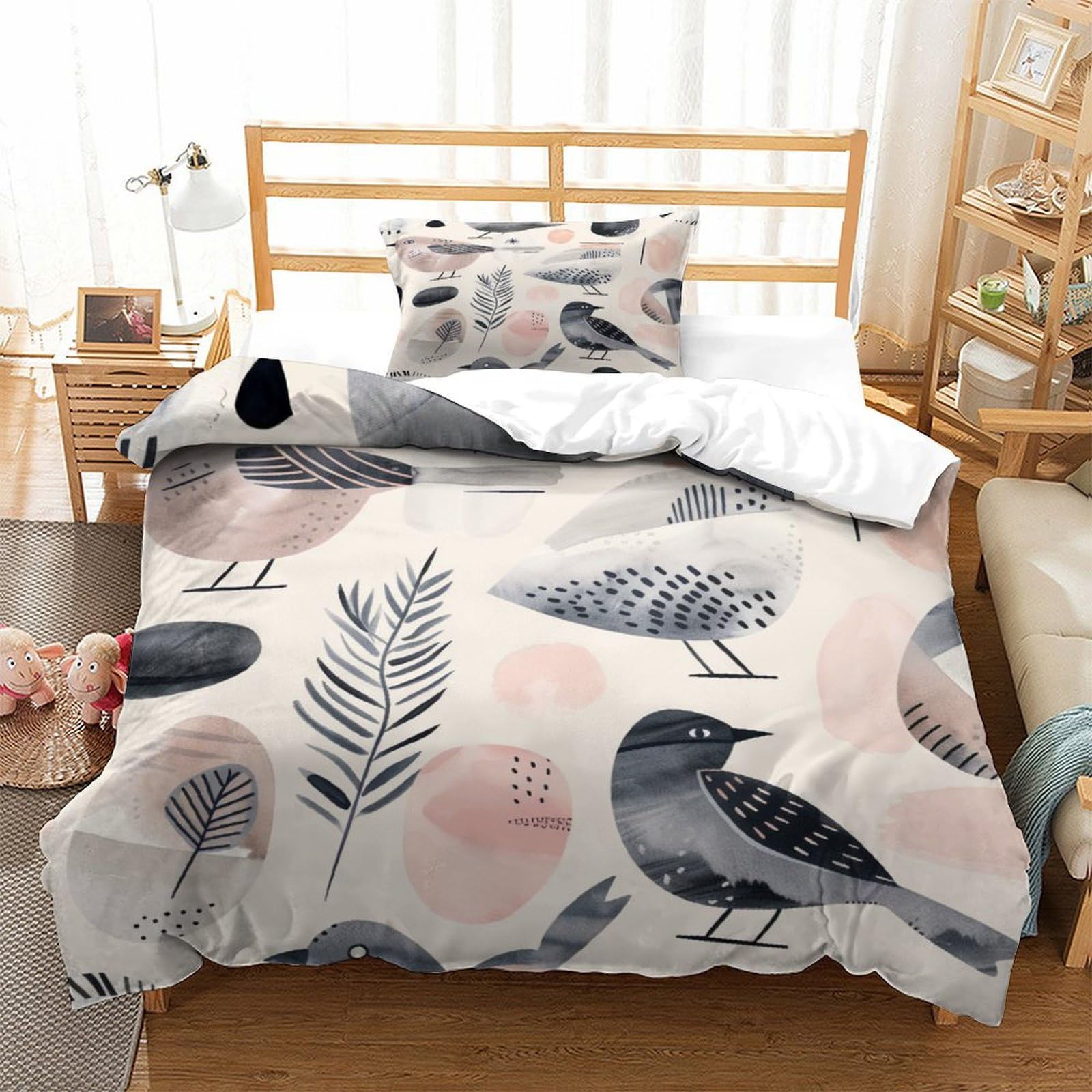 P1S9U7W5Y Scandinavian 3D Printed Bird Feather 3pcs Microfiber Duvet Cover Set Modern Bird Bedding Set Single（135x200cm）