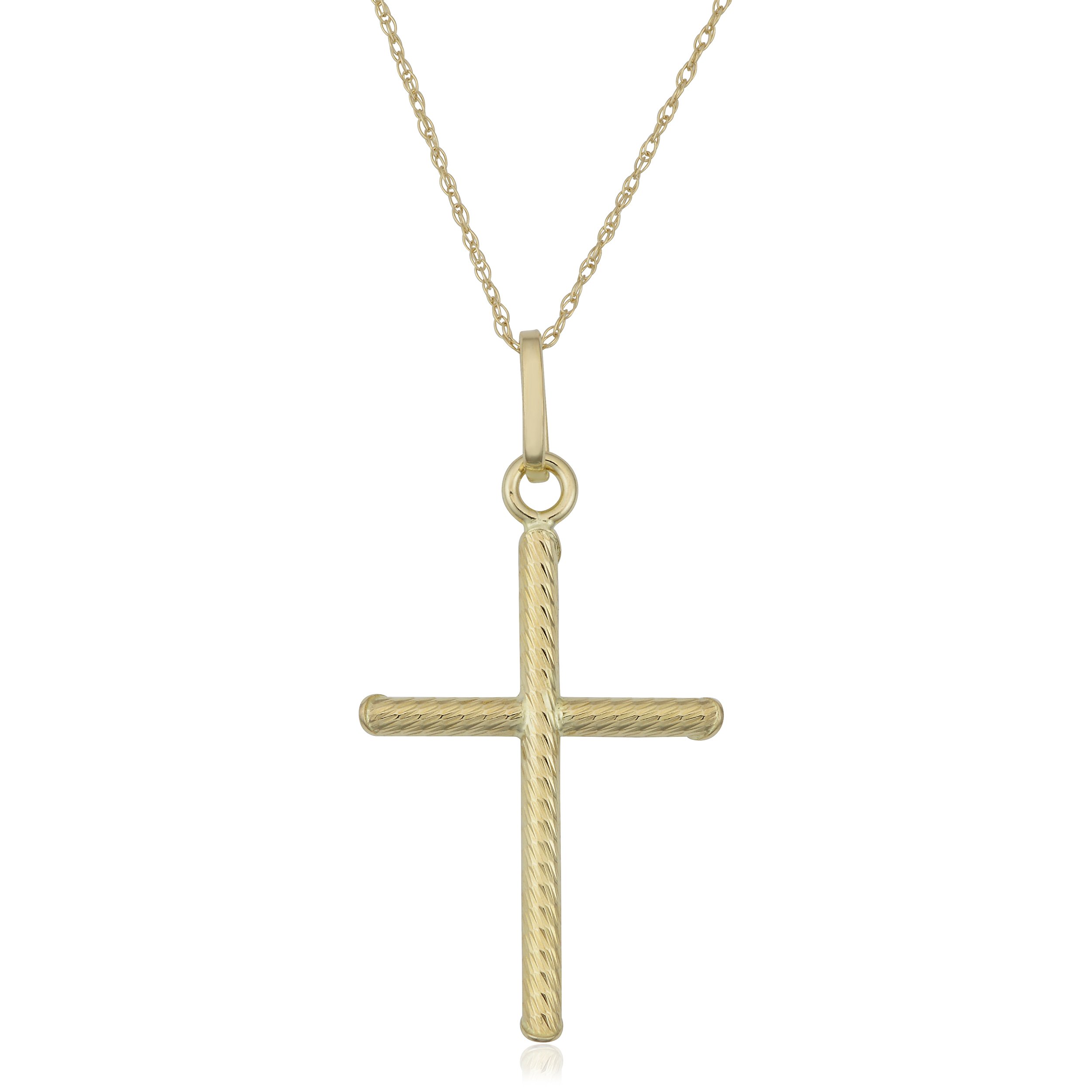 Kooljewelry 10k Yellow Gold Textured Cross Pendant on Delicate Rope Chain Necklace (18 inch)