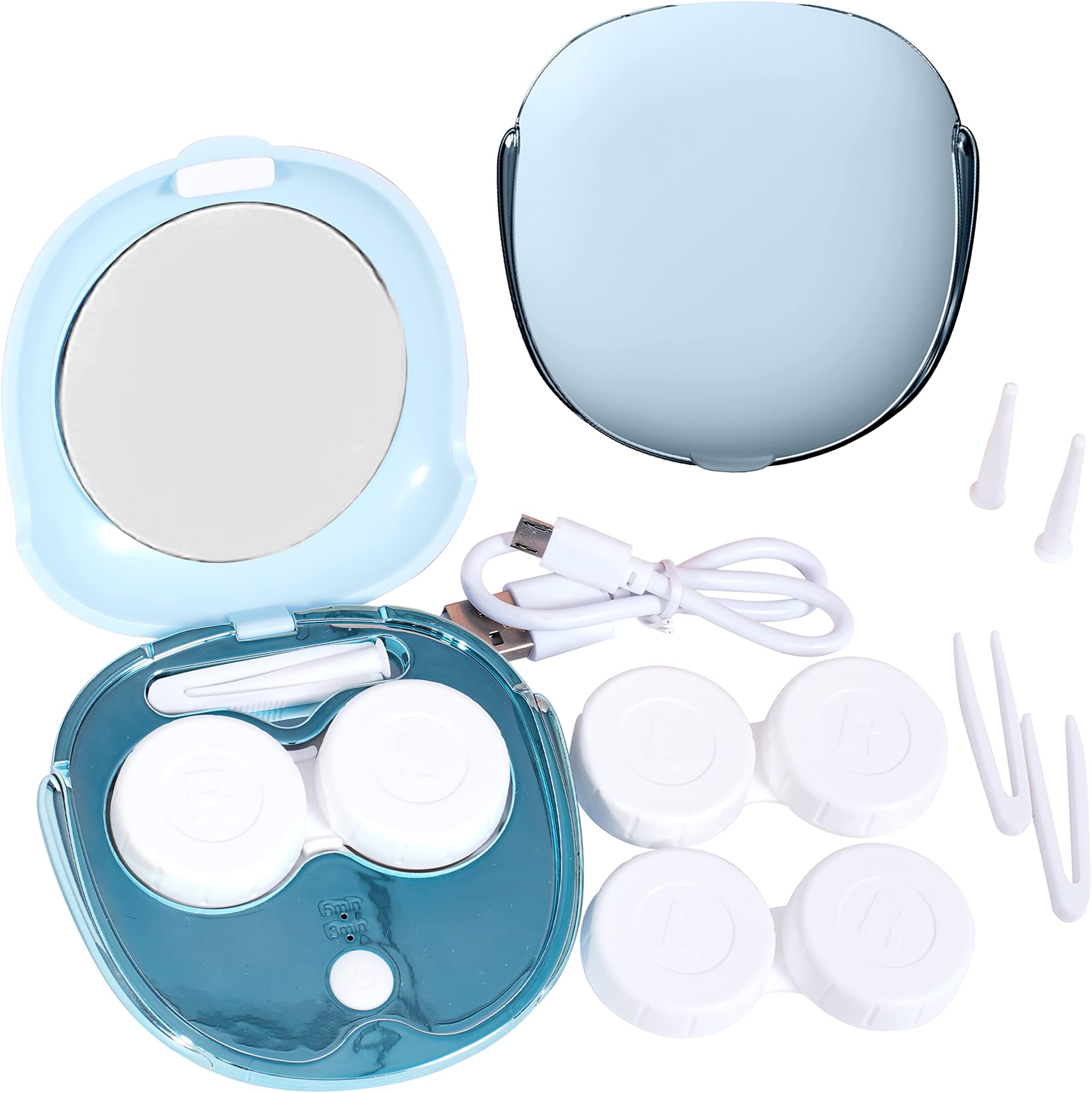 Contact Lens Cleaner Machine, Portable Ultrasonic Cleaning with USB Charger Mirror Tweezers Remover Tool Replaceable Contact Lens Case for Daily Outdoor (Blue)