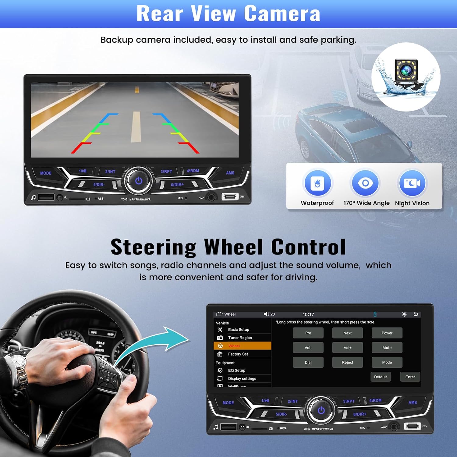 Image showing the car stereo display with a rear view camera feed and parking guidelines, and a separate section demonstrating steering wheel control functionality with a hand on a steering wheel and the corresponding settings screen on the stereo.