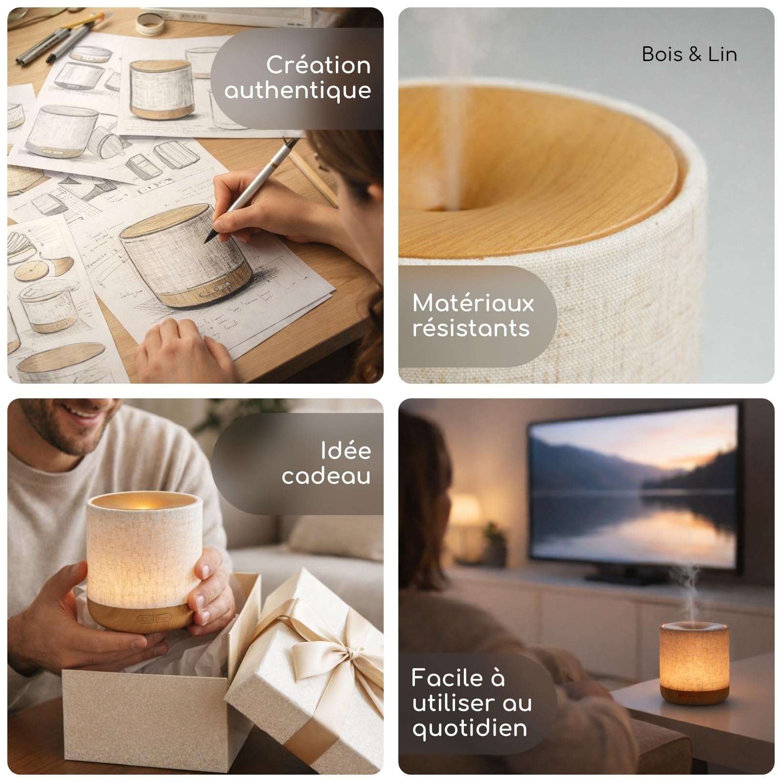 Zen’Arôme Diffuseur Ultrasonique Alesia – Diffusion Huile Essentielle à Froid Aromathérapie – Design Original, Coque en Toile de Lin et Revêtement Couleur Bois – Diffusion + Éclairage Personnalisables