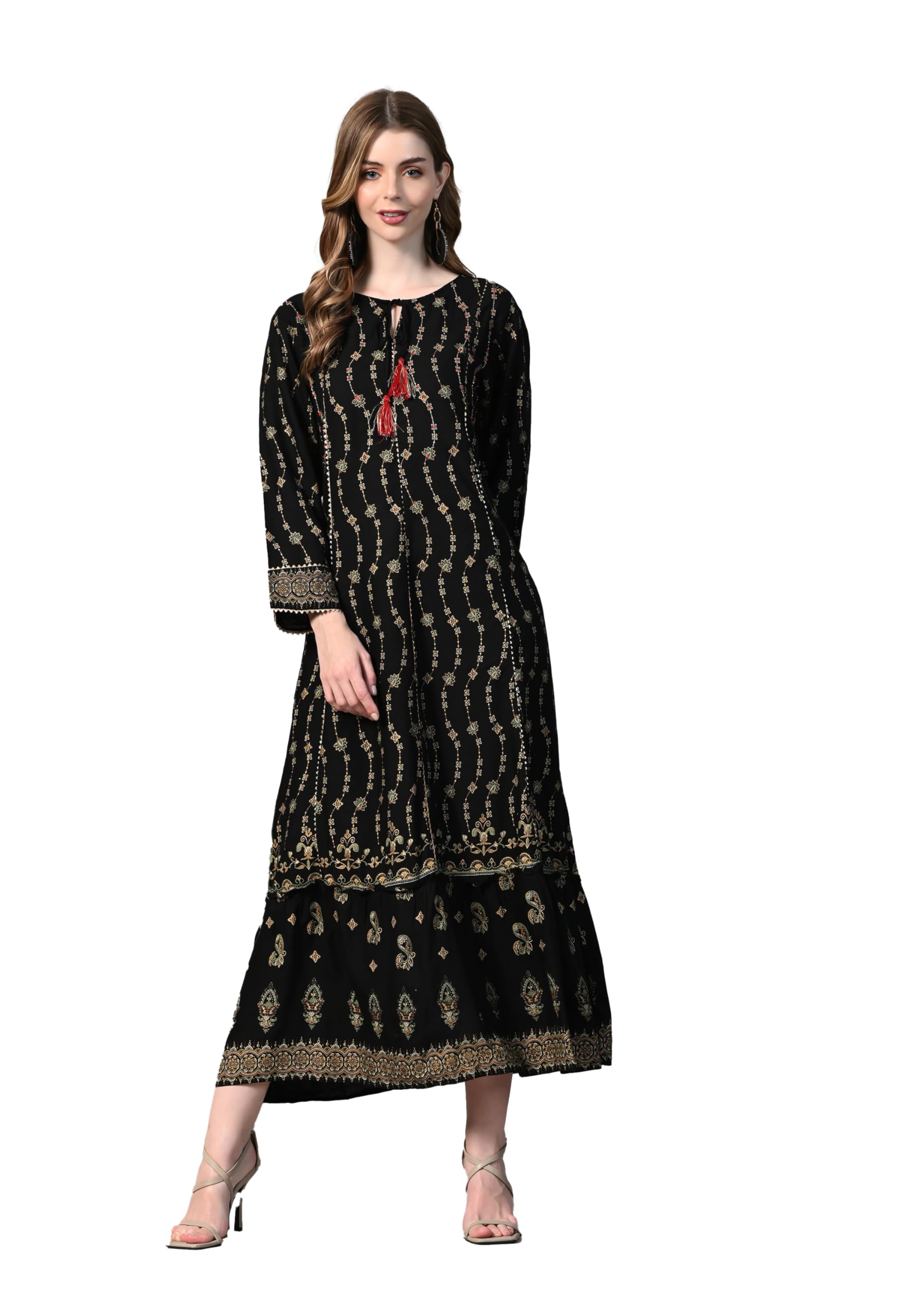 Women's Long Cotton Black Gown with Beautiful Sequin Embroidery | Back Front Floral Print All Day Comfrotable 3/4 Sleeves Maxi Dress for Girls-image-26