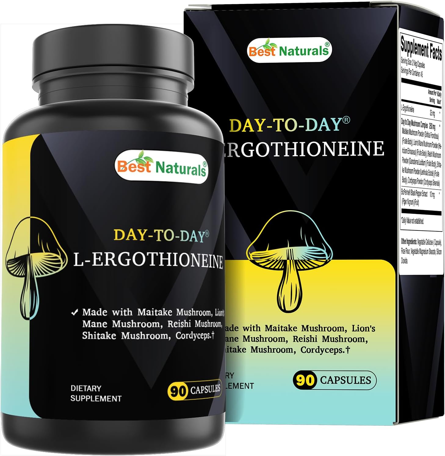 Best Naturals Day-to-Day L-Ergothioneine 25 mg with Maitake Mushrom, Lion’s Mane Mushroom, Reishi Mushroom 90 Capsules