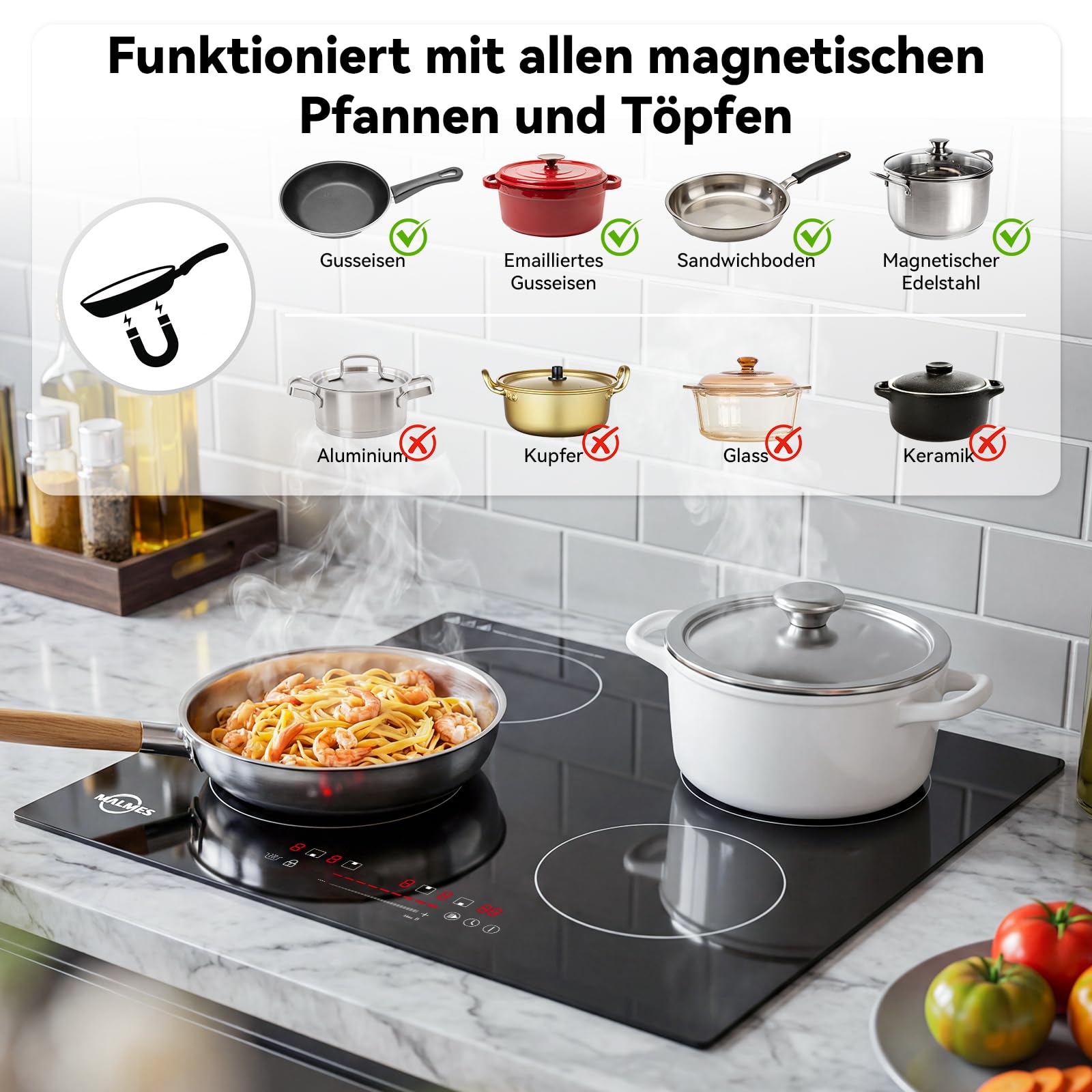 4 Platten Induktionskochfeld 60 cm, 7000W,Einbau Kochfeld Induktion | Power Booster Touch-Bedienung, 9 Leistungsstufen, Sicherheitsschloss, Touch-Bedienung, Zeitschaltuhr, D60474H1