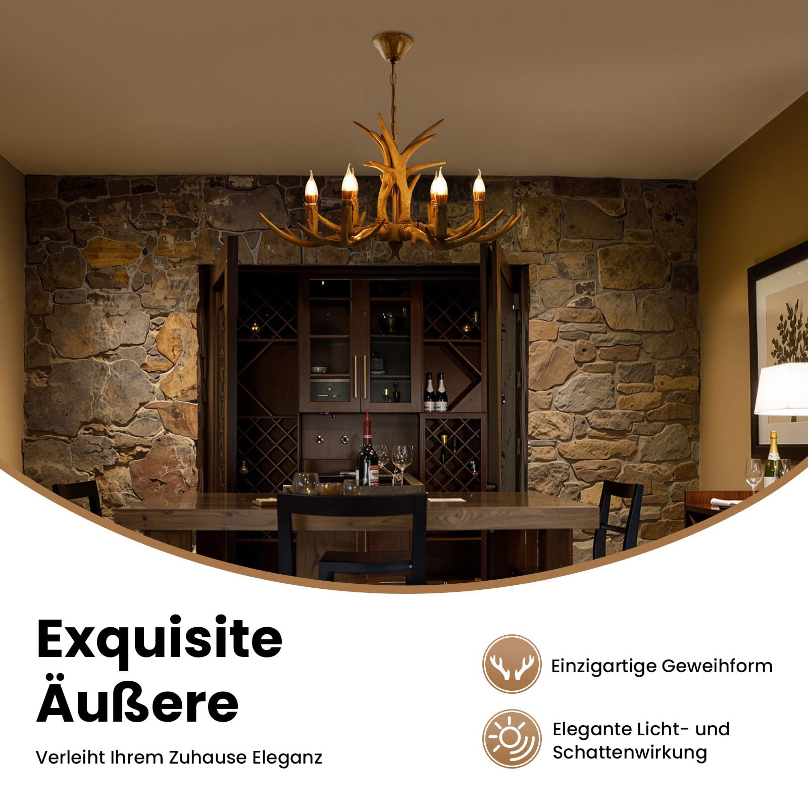 6-Licht Geweih Kronleuchter, Retro Geweihlampe Deckenleuchte Deckenlampe Kronleuchter Harz Hirsch Hirschgewei Pendelleuchte Deckenlampen Licht HäNgelampe für Küche Esszimmer Bar [Energieklasse A++]