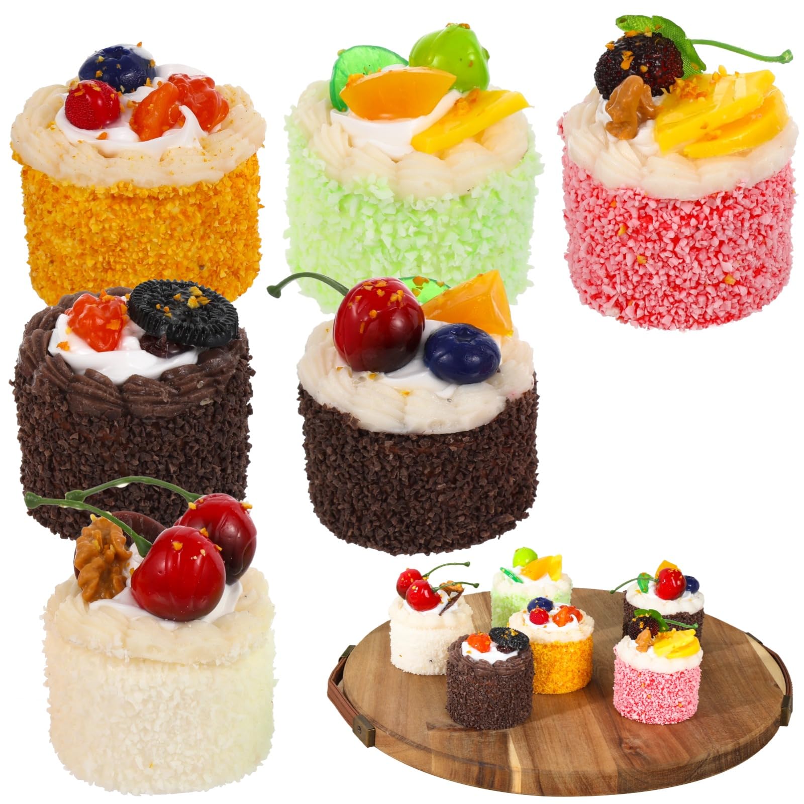 6 cupcake finti in mousse per decorazione e presentazione, modello di torta con decorazione alla frutta, in morbido PU, decorazione per frigorifero e oggetti di scena, per vetrina e tavolo