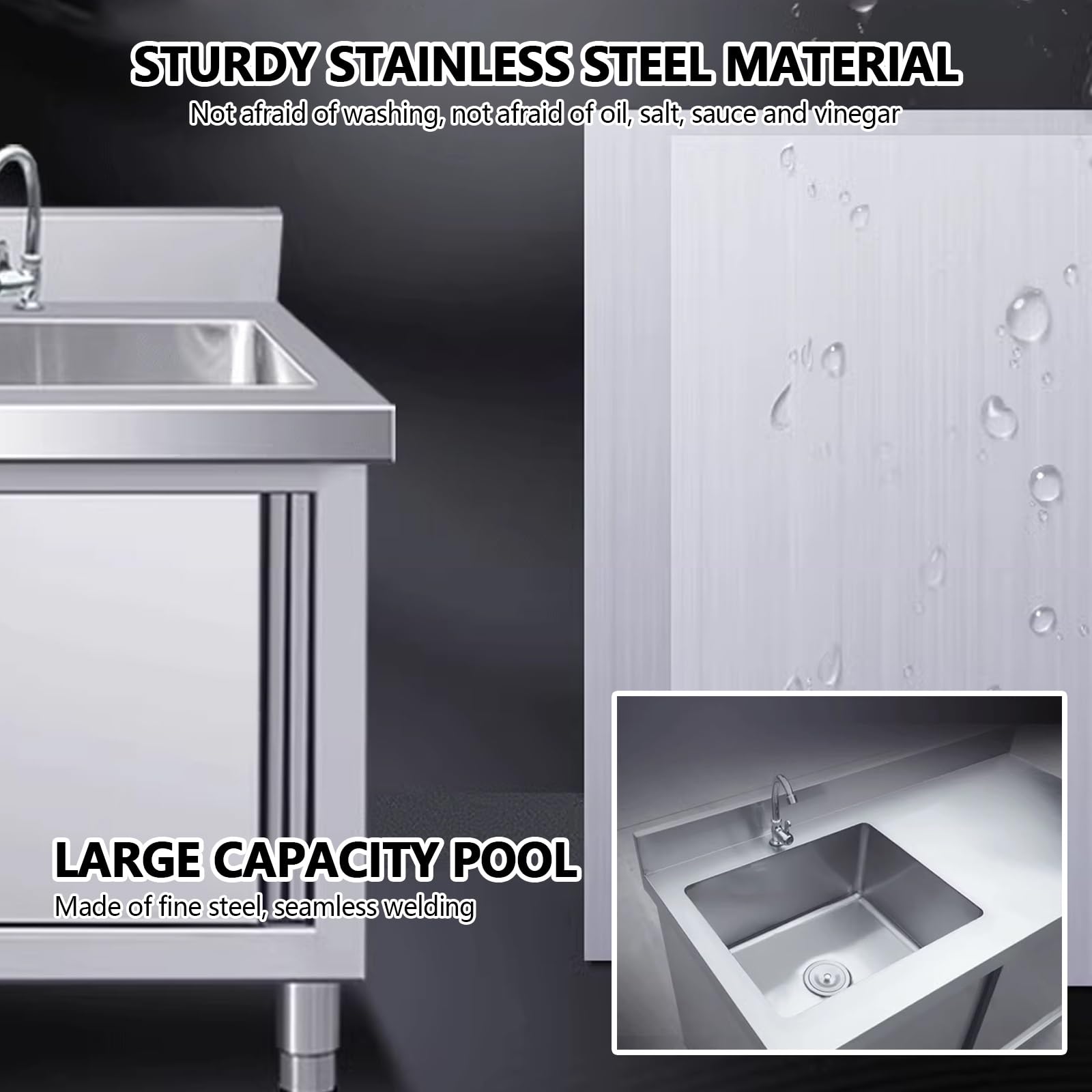 Lavello da cucina di servizio con mobiletto, Lavello singolo in acciaio inox, Lavello per lavanderia con mobiletto, Armadio di stoccaggio con rubinetto da banco, Lavabo per lavaggio a mano da cucina.