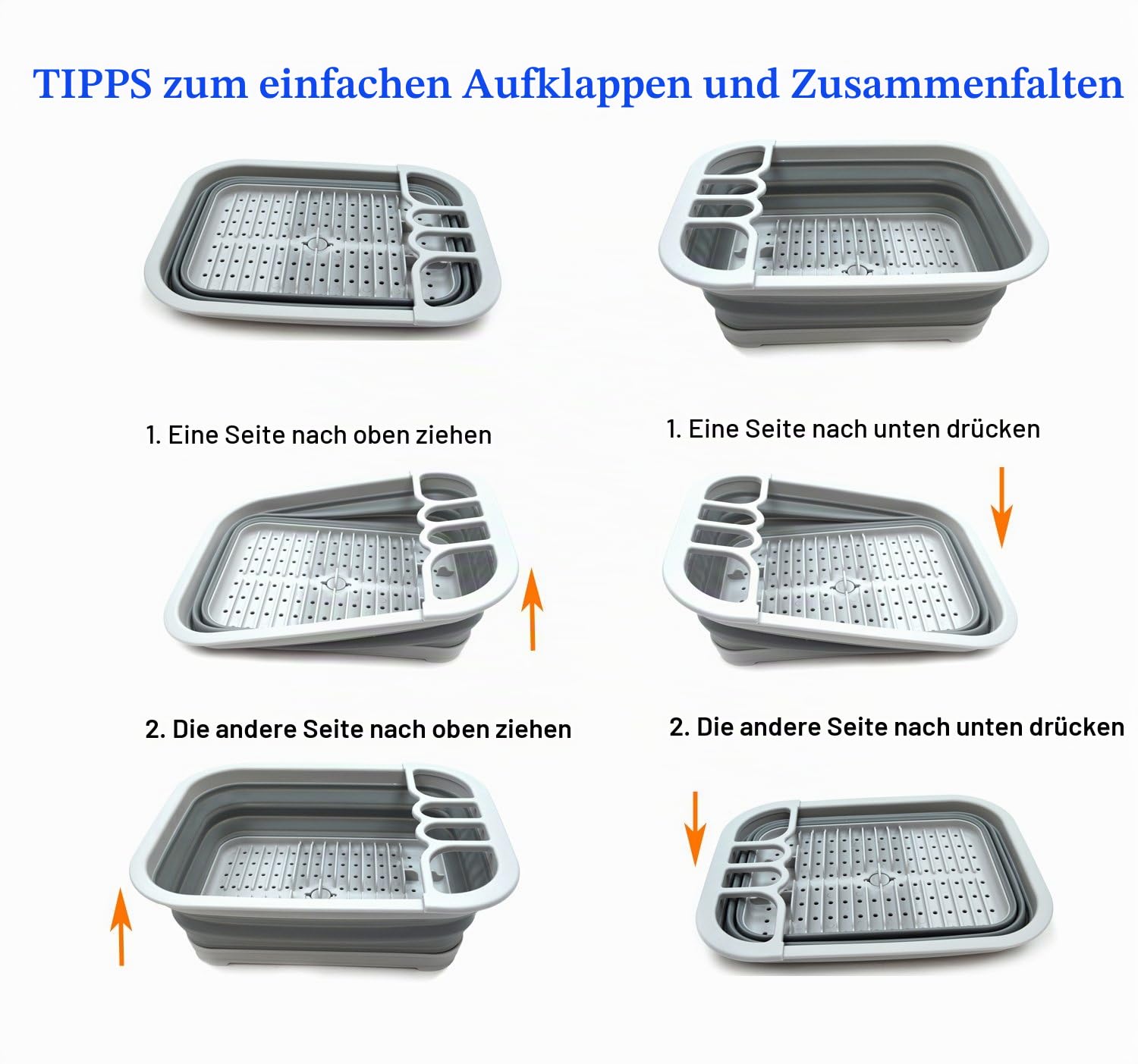 SAMMART Collapsible Plastic Dish Drainer with Drainer Board - Foldable Drying Rack Set - Portable Dinnerware Organizer - Space Saving Kitchen Storage Tray (Grau)