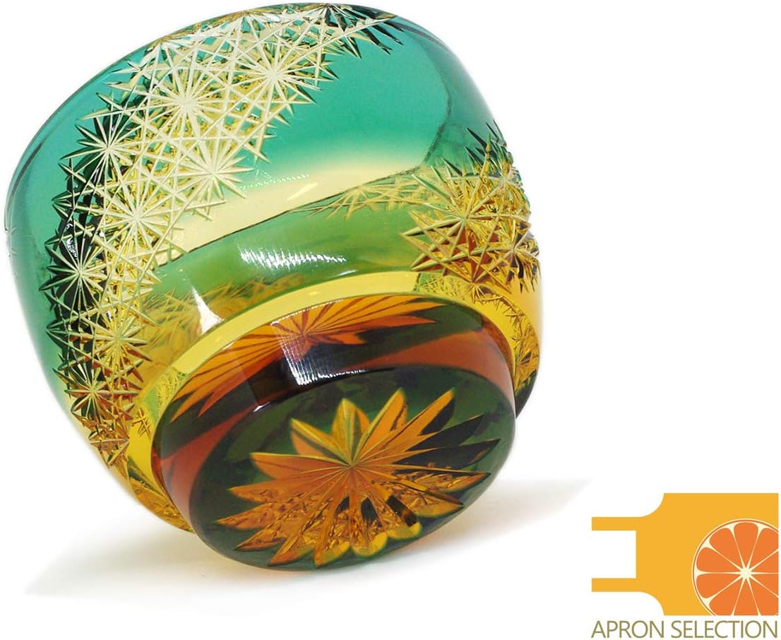 Cut Glass 江戸切子 Edo Kiriko, Japanese Traditional Craft in Gift Box 光る宙 Milky Way (Green/Amber)
