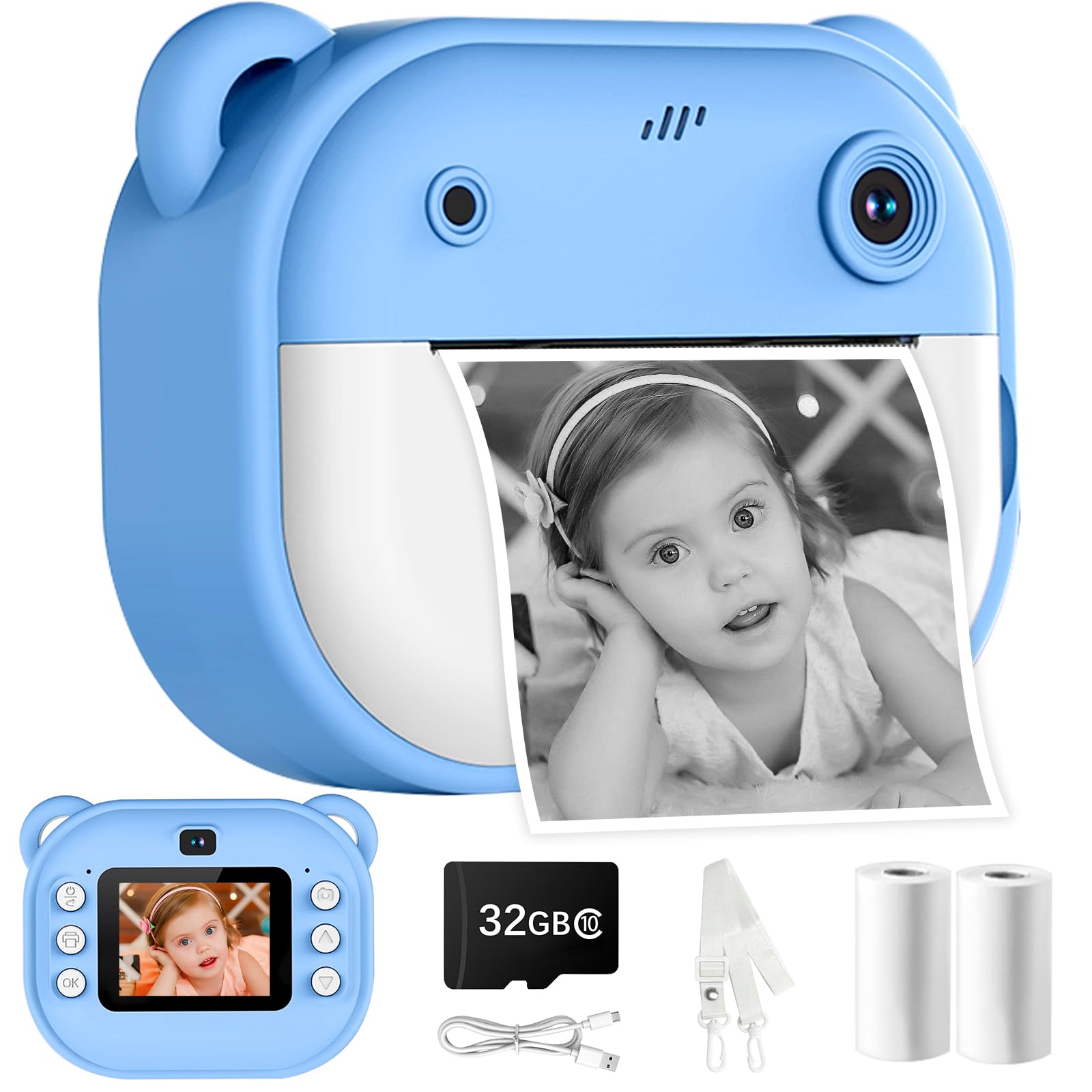 Cámara instantánea para niños, 1080P de doble lente, cámara instantánea para niños, pantalla de 2 pulgadas, con tarjeta de 32 GB y papel de impresión, regalos de cumpleaños para niños de 3 a 12 años