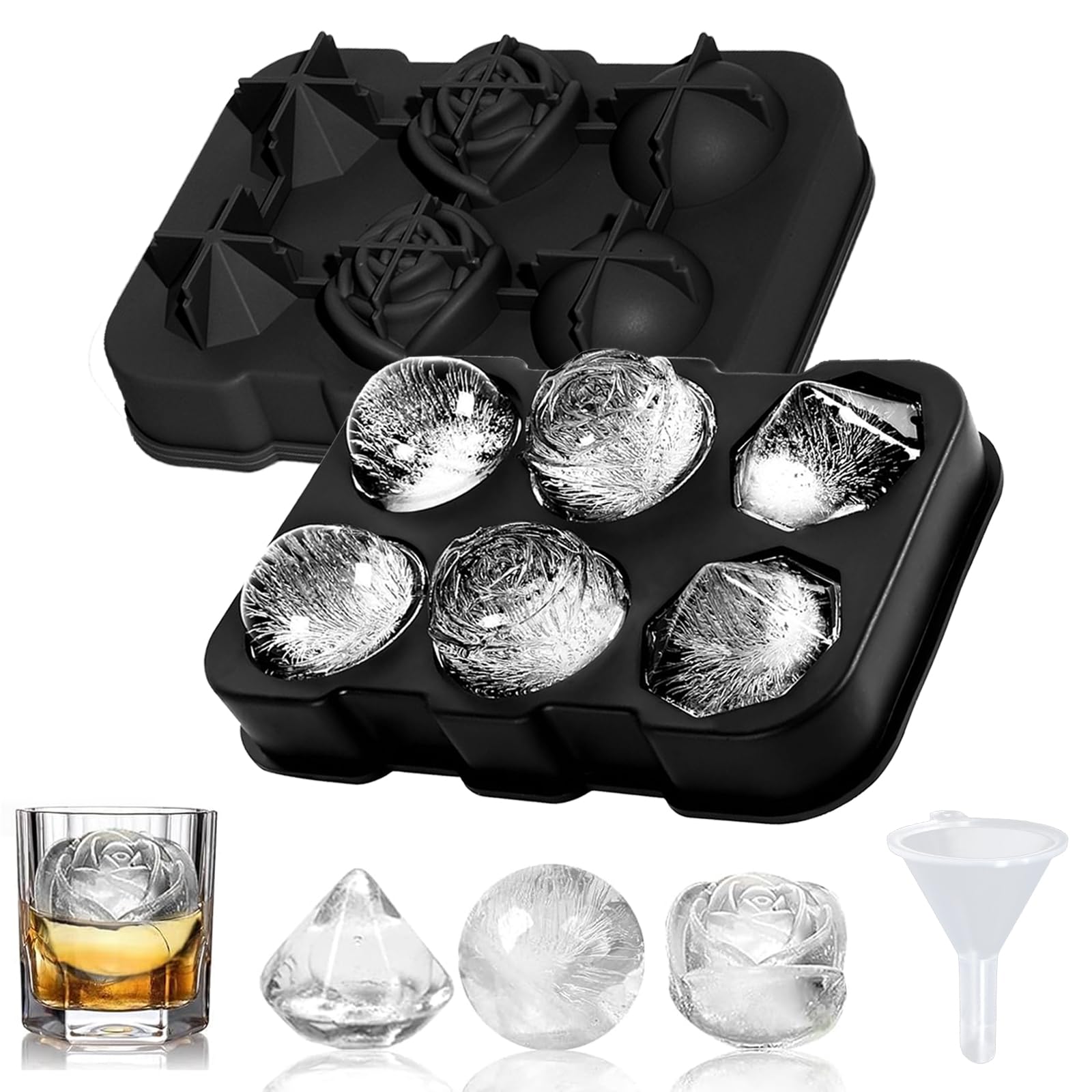 Food Grade Silicone Ice Cube Tray with Lid,Ice Maker Container,6 3D Ice Cube Trays with Rose Diamond Ice Balls,Reusable Ice Cube Tray with Funnel for Ice Cubes,Whisky,Cocktails and Juices.