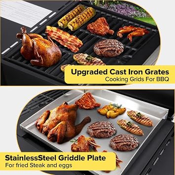 CIG GARDEN 2-Burner Dual Fuel Grill: Propane & Charcoal Combo with Stainless Steel Grill Pan, 21,000 BTU, Cast Iron Grates, Outdoor BBQ for Balcony, Backyard & Patio
