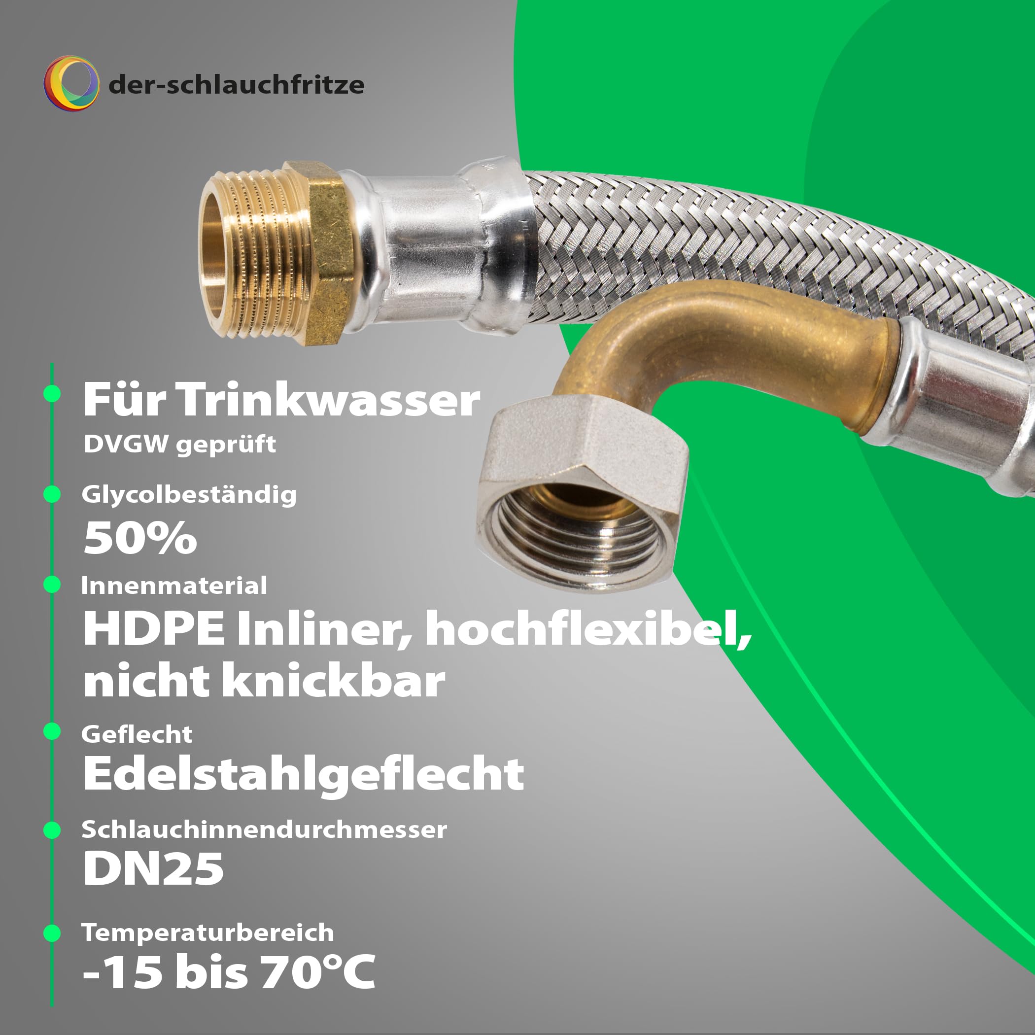 Tubo flessibile DN25 con tubo rinforzato da 1" AG x 1" con approvazione dell'acqua potabile, tubo di collegamento flessibile, con intreccio in acciaio inox, prolunga con dadi