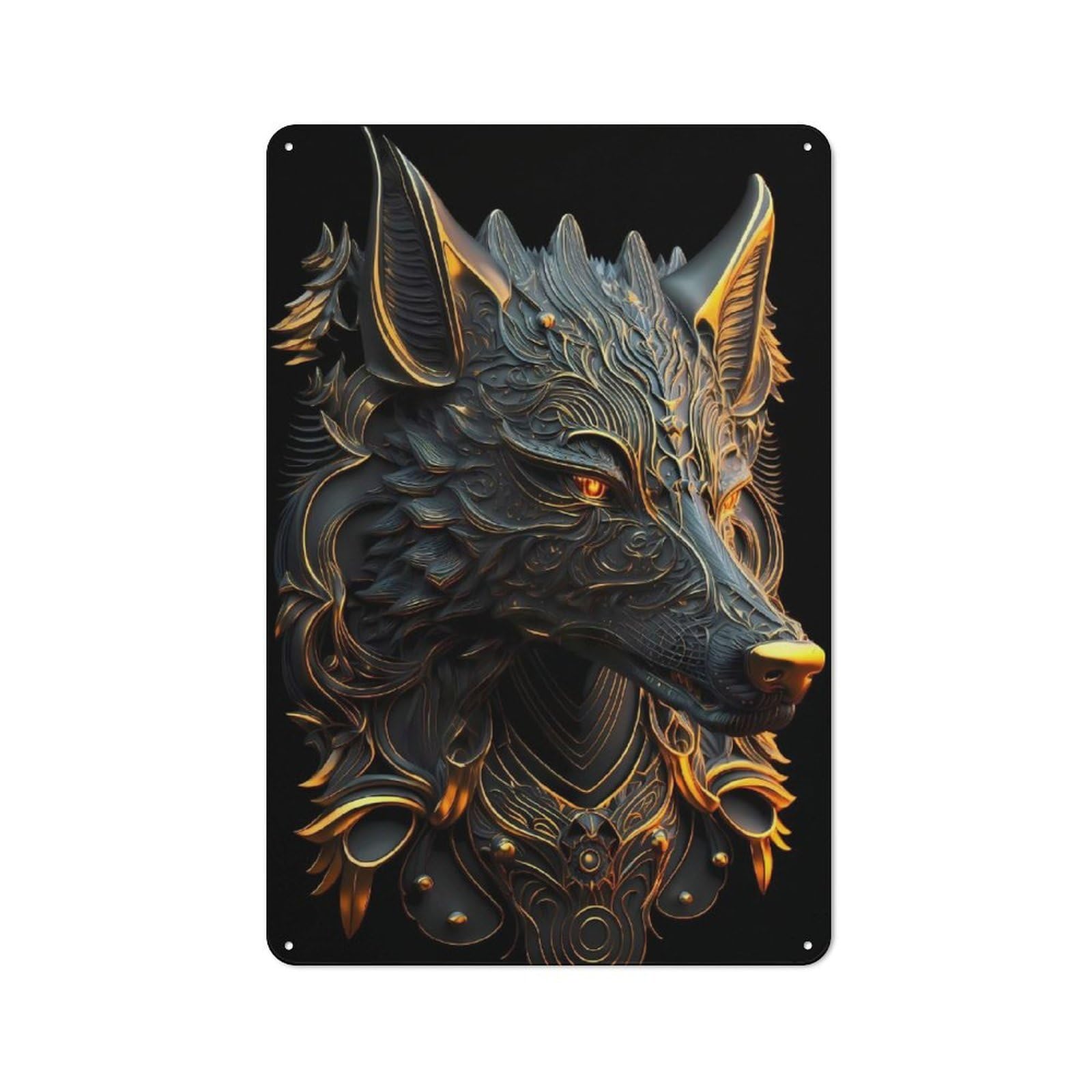 Junmoney Style-22 Vintage Regal Golden Fire Wolf Metal Plaque 30X20cm, Kitchen Wall Decor For Restaurant, Kitchen, Counter Or Breakfast Nook