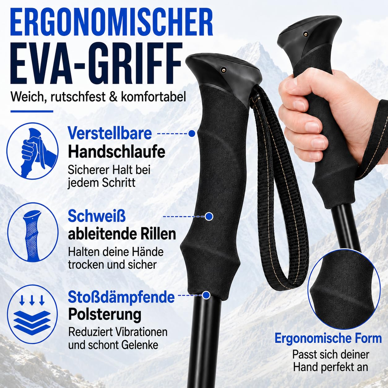 Wanderstöcke Faltbar, Nordic Walking stöcke Damen und Herren, Aluminium Trekkingstöcke Teleskop, Wanderstock Verstellbar 110cm-135cm, mit Gummipuffer und Tragebeutel Geeignet für Bergsteigen