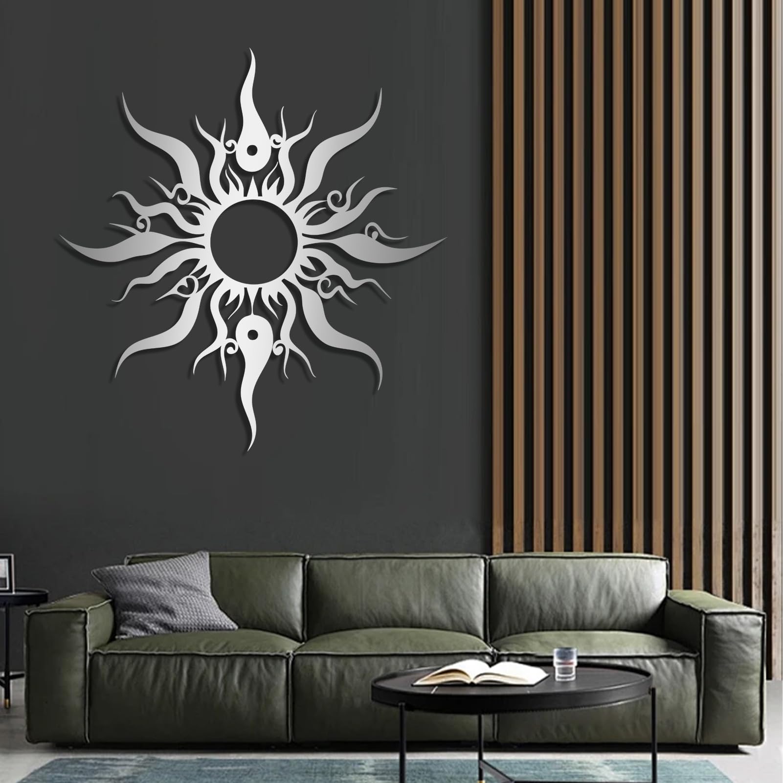 Decorazione murale in Metallo Scultura da Appendere a Forma di Sole Stravagante per Soggiorno e Camera da Letto Colore Argento 60x58 cm (24x23 Pollici)