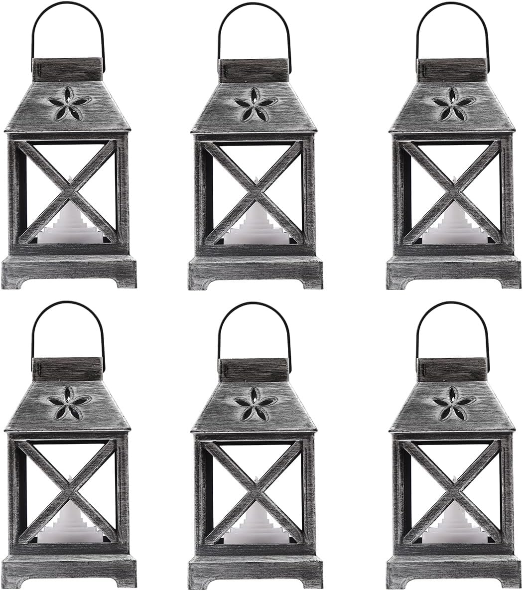 6 Pcs Decorative Lantern LED Candle 4.5" Christmas Mini Lanterns Bulk Holiday Vintage Hanging Lanterns Xmas Decorative Candle Lanterns for Table Centerpiece Outdoor Indoor (Silvery)
