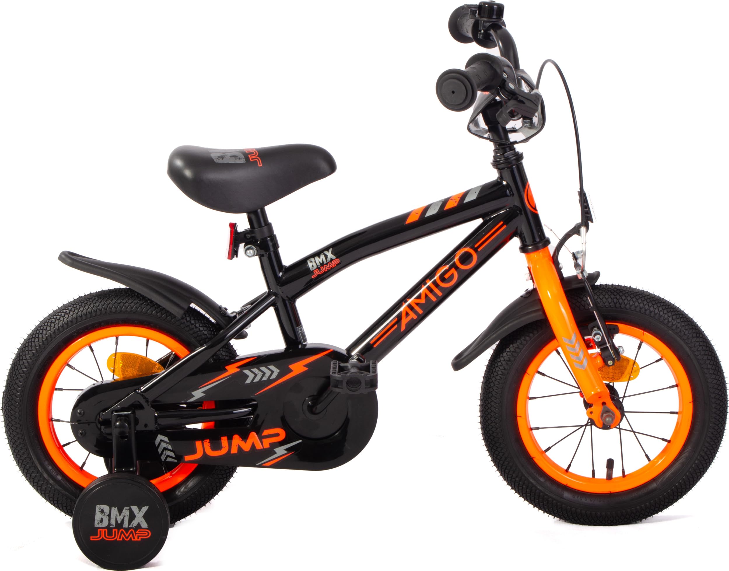 AMIGO BMX Jump – Bicicleta infantil para niños – 12 pulgadas – con freno de contrapedal y freno en V y ruedas estabilizadoras – a partir de 3 – 4 años – Negro/Naranja