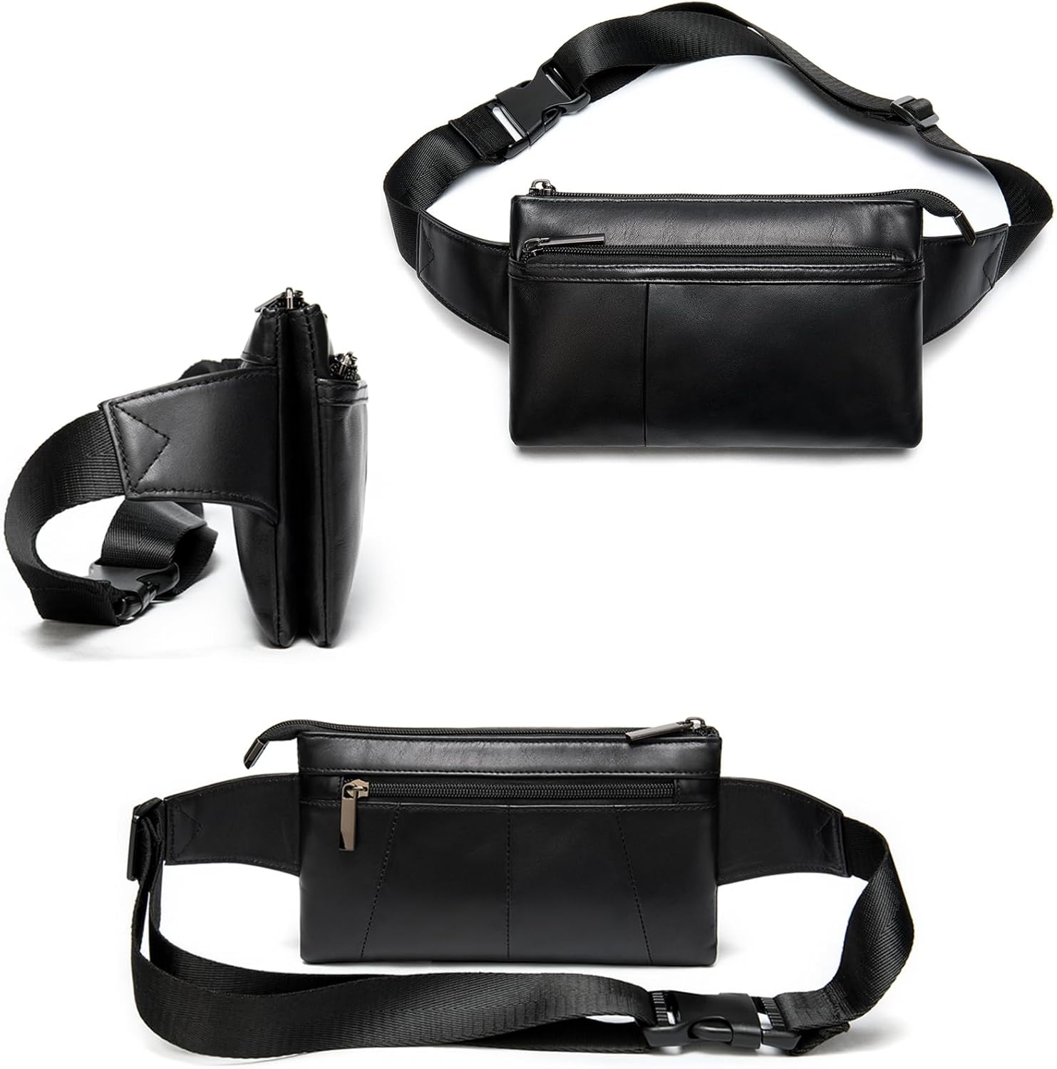 Fanny Pack for Men and Women, Super Lightweight Waist Pack Belt Bag Hip Crossbody Purse - Soft Lambskin Leather Black