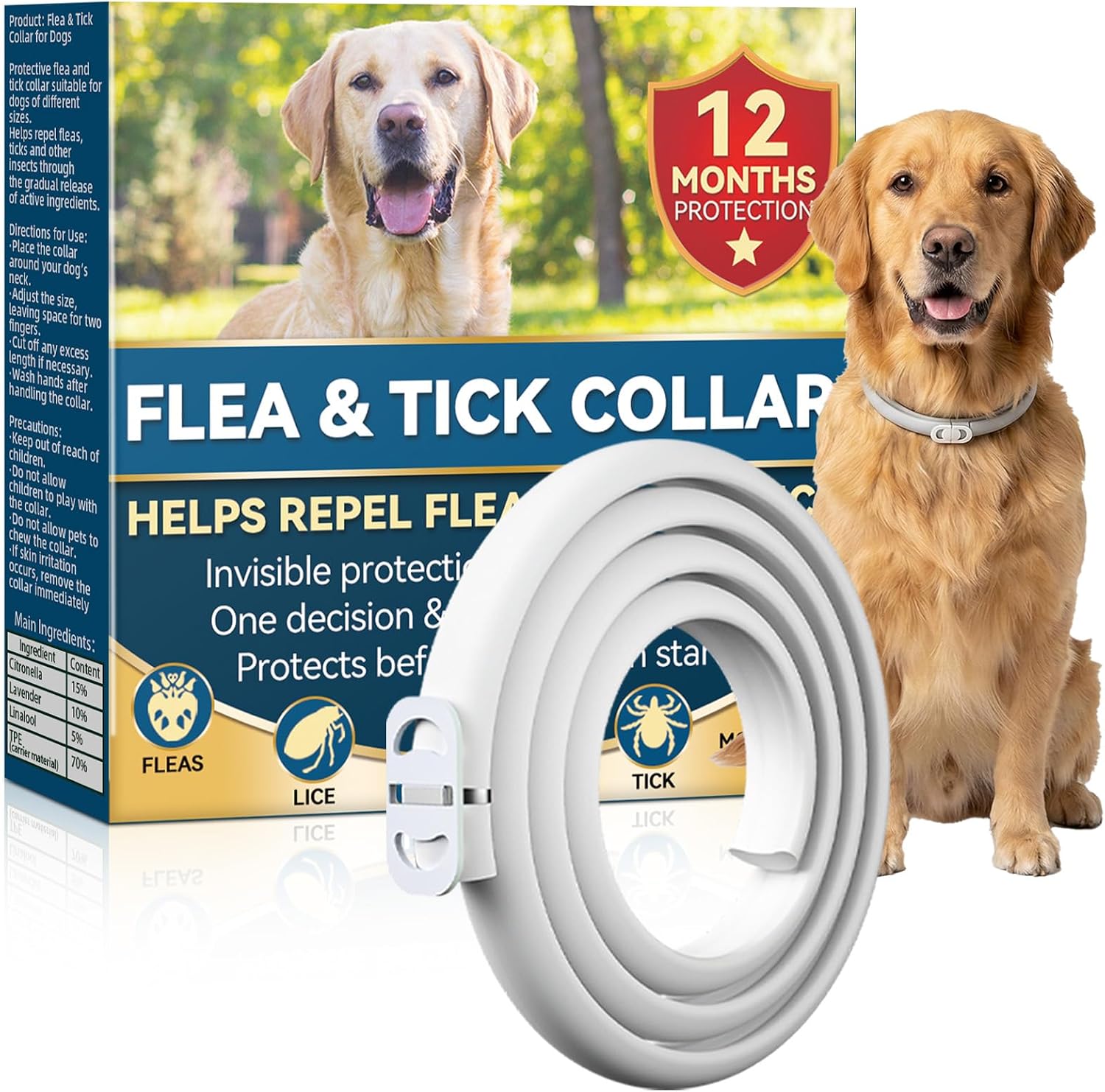 Protección contra Pulgas, Collar Antiparasitario para Perros 65 cm, Garrapatas e Insectos hasta 12 Meses, para Perros de Todos los Tamaños, Impermeable y Ajustable