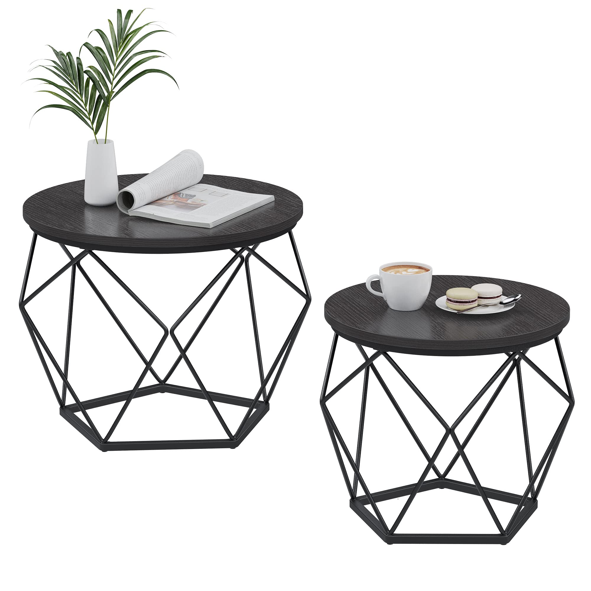 VASAGLE Round Coffee Table, Set of 2, Side Table, Sofa End Table, Modern Style, Removable Top, Steel Frame, for Living Room, Black LET040B22VASAGLE Round Coffee Table, Set of 2, Side Tabl…