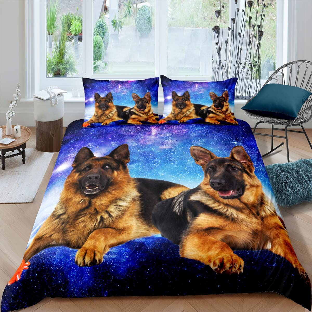 Cane Galaxy Copripiumino 3D Pastore Tedesco stampato Cane Parure da letto 200 x 200 cm Chic Blu Viola Cielo stellato per ragazzi Ragazze Adolescenti Carino Pet Cucciolo Animale Set copripiumino